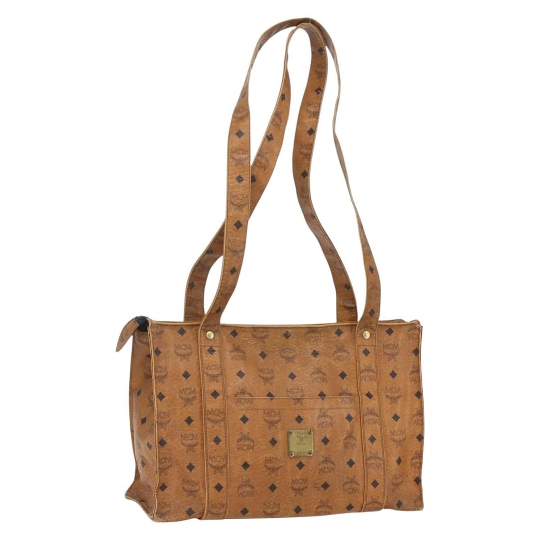 MCM Vicetos Brown Gold PVC Tote Bag with Logogram Pattern: MCM Vicetos Brown Gold PVC Tote Bag with Logogram Pattern This MCM Logogram Vicetos tote bag features a brown and gold exterior crafted from PVC leather. It offers ample space with a structured design