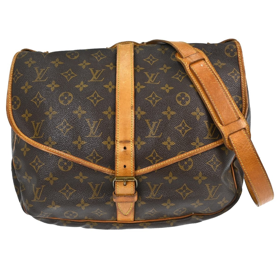 Louis Vuitton Saumur monogram canvas crossbody handbag: Louis Vuitton Saumur monogram canvas crossbody handbag This Louis Vuitton Saumur Handbag features the iconic monogram canvas in brown. Designed for unisex use, it is crafted in France and offers a spa