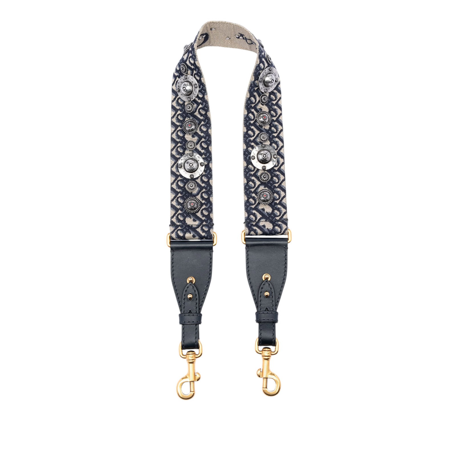 Dior Oblique Canvas Studded Bag Strap: Dior Oblique Canvas Studded Bag Strap This Dior Oblique shoulder strap features a blue embroidered canvas design accented with studs and finished with lobster clasp closures. The strap is crafted in I
