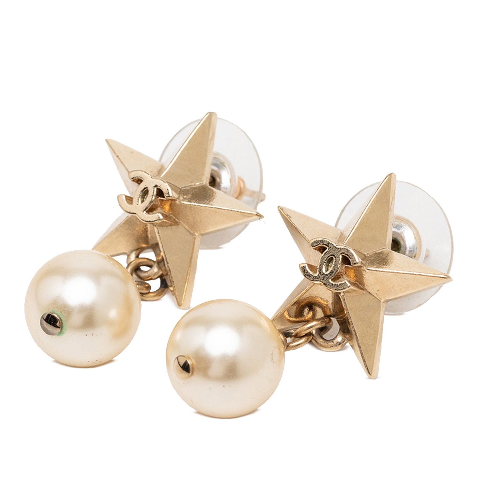 Chanel Star Drop Earrings with Faux Pearls and Gold Plated Finish: Chanel Star Drop Earrings with Faux Pearls and Gold Plated Finish These Chanel earrings feature gold-plated metal bodies with faux pearl embellishments in a star drop design. They are designed with pu