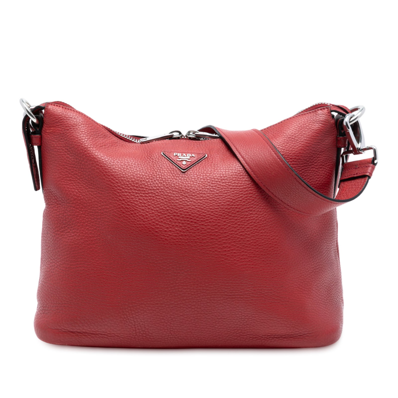 Red Prada Vitello Daino Leather Shoulder Bag with Adjustable Strap: Red Prada Vitello Daino Leather Shoulder Bag with Adjustable Strap This Prada Vitello Daino Shoulder Bag features a red leather body with an adjustable flat leather strap, a top zip closure, and inter