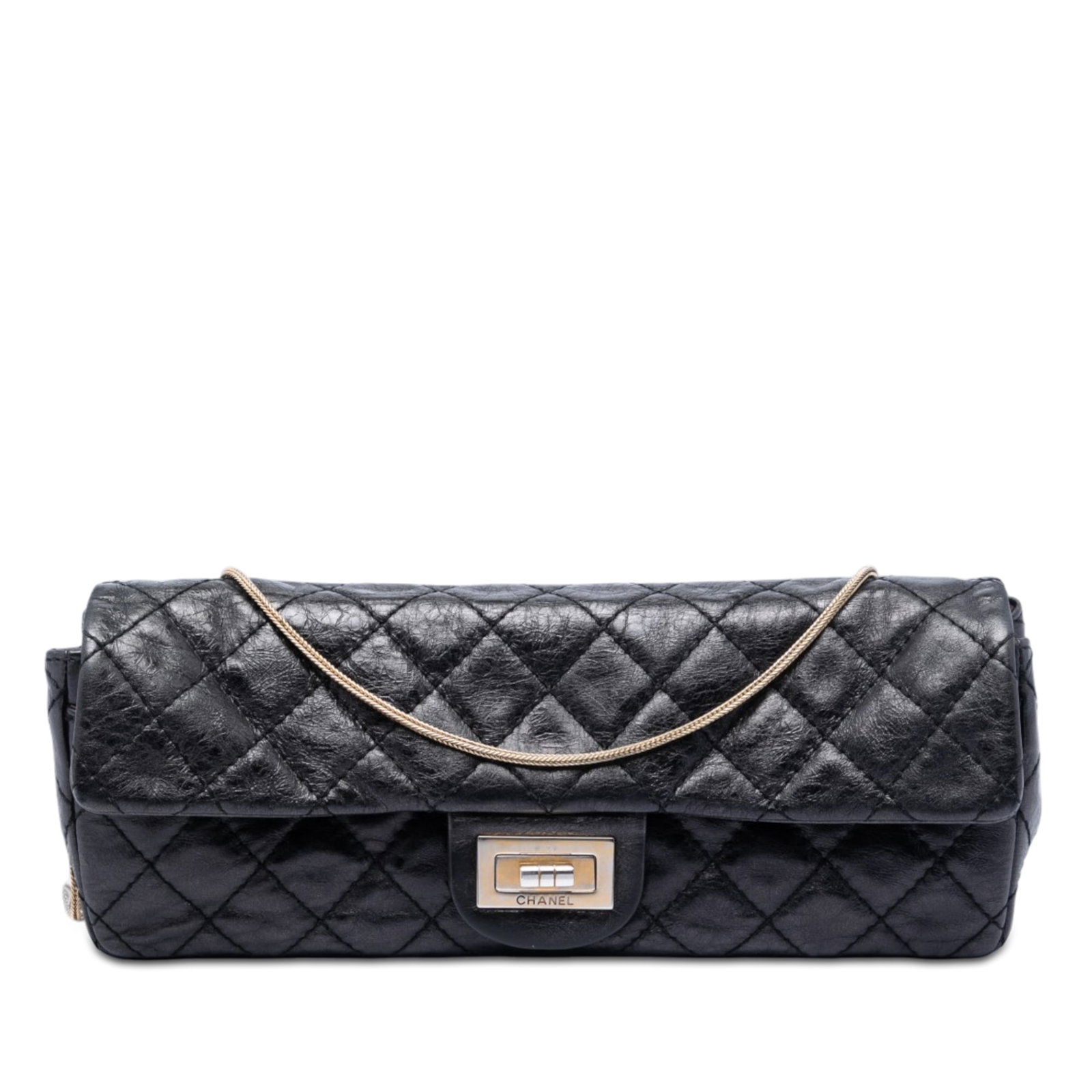 Chanel Reissue 2.55 East West Flap Quilted Leather Bag: Chanel Reissue 2.55 East West Flap Quilted Leather Bag This Chanel Quilted Glazed Calfskin Reissue 2.55 East West Flap bag features a quilted black leather body with a gold-tone cord strap, a front fl