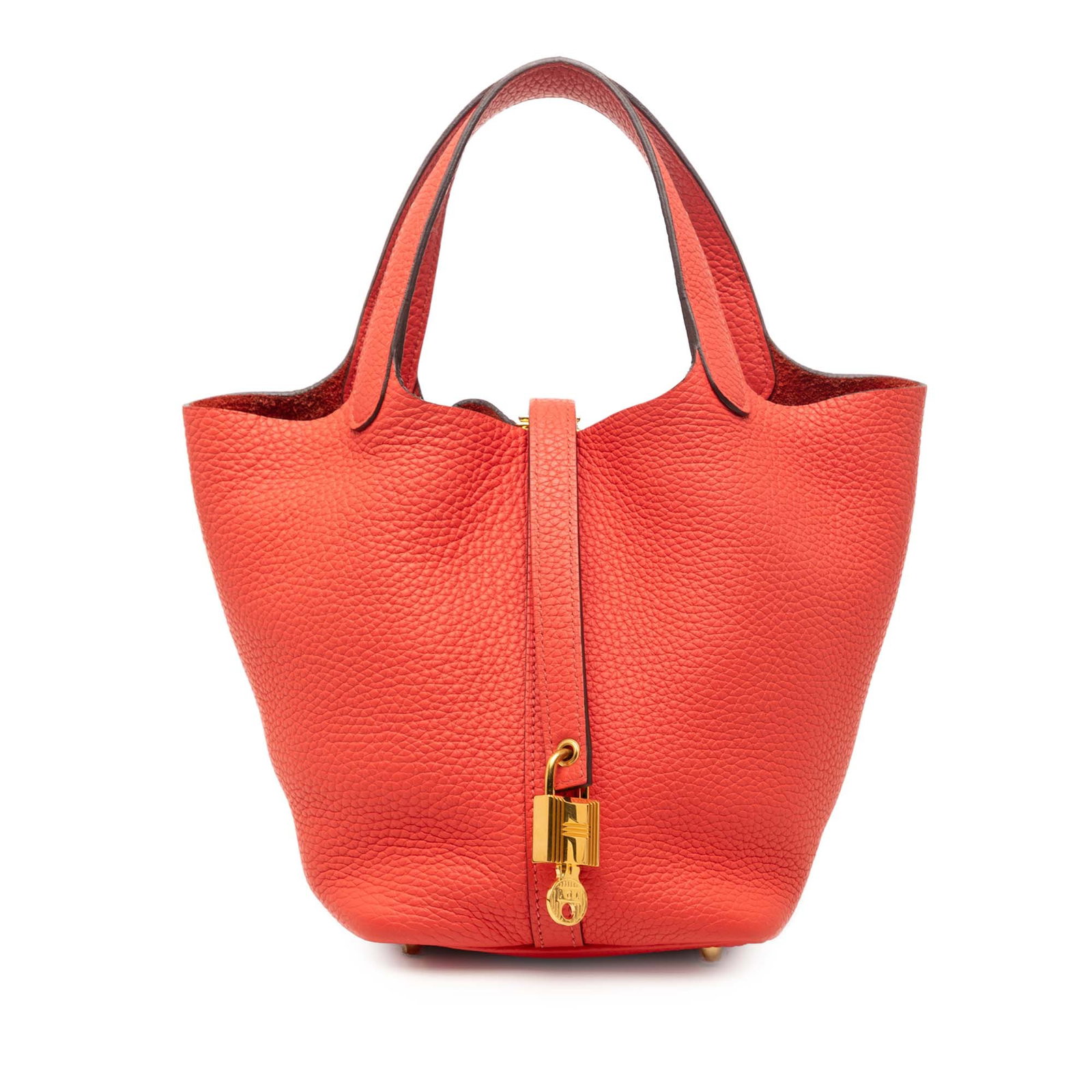 Hermes Picotin Lock 18 Rouge Tomate Clemence Leather Bag: Hermes Picotin Lock 18 Rouge Tomate Clemence Leather Bag This Hermes Picotin Lock 18 bag is crafted from Clemence leather in Rouge Tomate, featuring flat leather handles and an open top with a pull-th