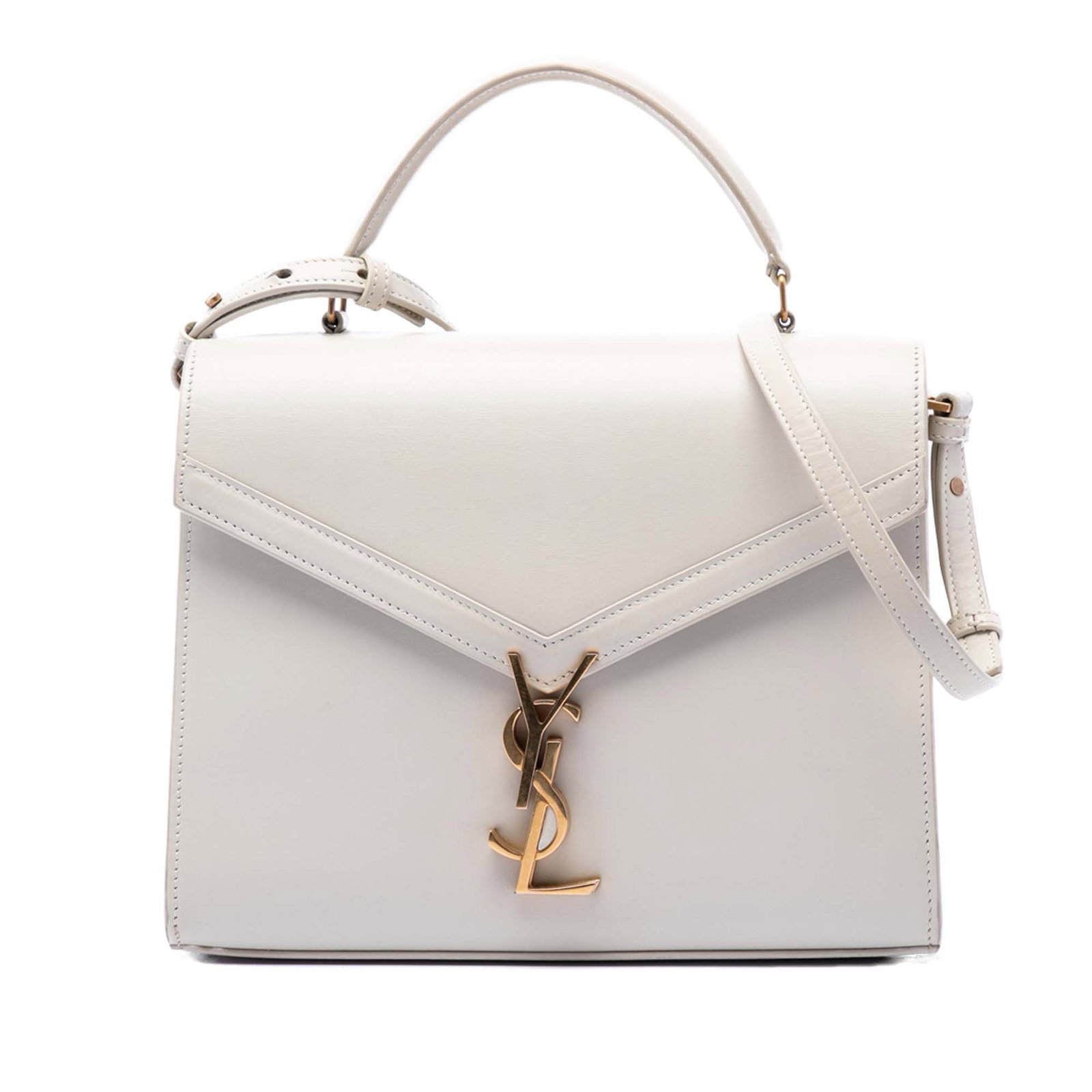 Saint Laurent Cassandra Medium Leather Top Handle Bag White: Saint Laurent Cassandra Medium Leather Top Handle Bag White This Saint Laurent Medium Smooth Calfskin Classic Monogram Cassandra Top Handle Bag is crafted from leather in white and features a structur