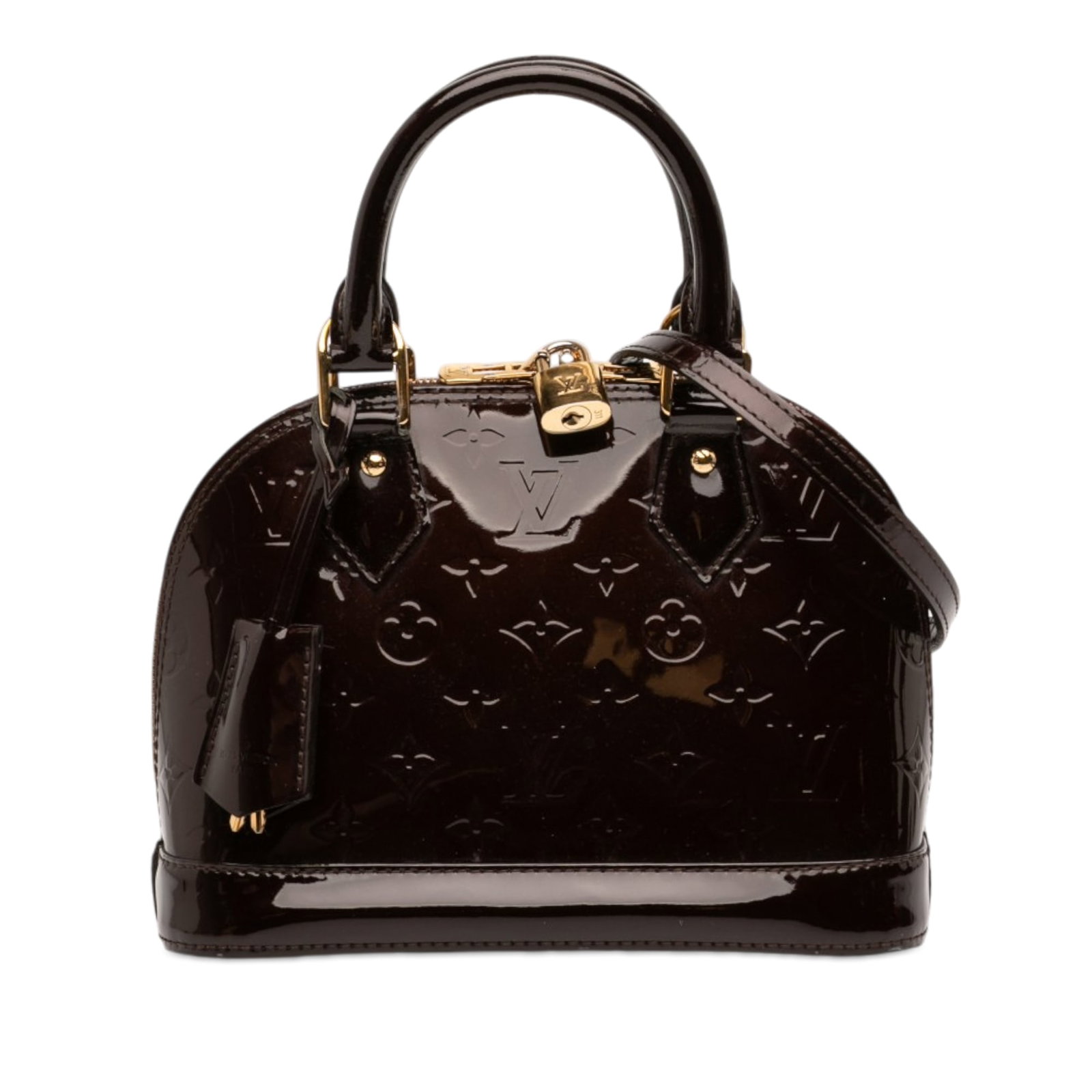 Louis Vuitton Alma BB Purple Vernis Leather Bag: Louis Vuitton Alma BB Purple Vernis Leather Bag This Louis Vuitton Monogram Vernis Alma BB handbag features a glossy monogram vernis leather exterior in purple, complemented by rolled leather handles 