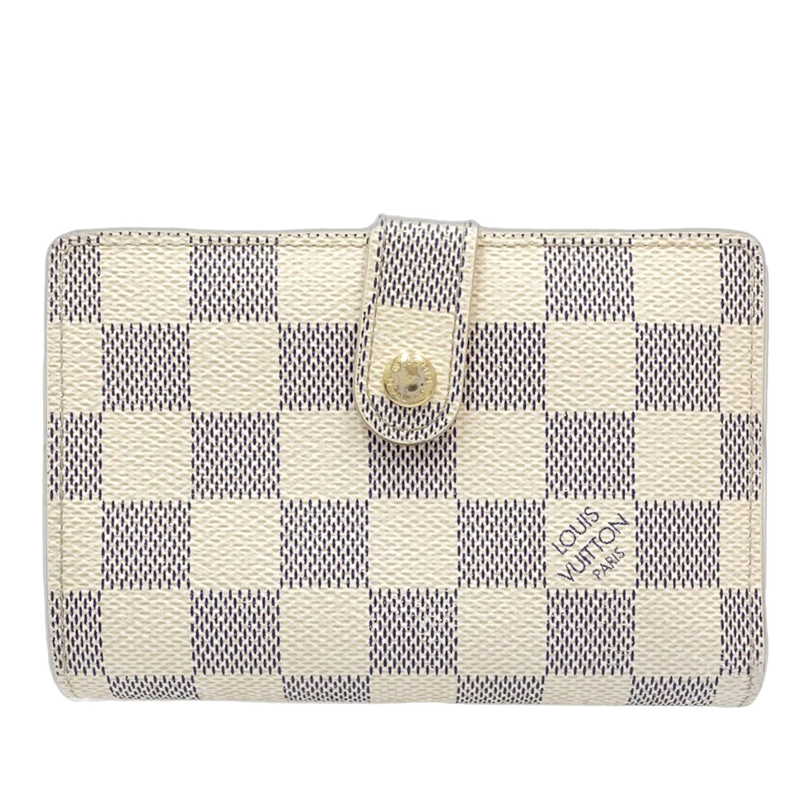 Louis Vuitton Damier Azur snap wallet with coin pocket: Louis Vuitton Damier Azur snap wallet with coin pocket This compact wallet from Louis Vuitton features the signature Damier Azur canvas in white. It is designed with a front flap and snap closure, an 