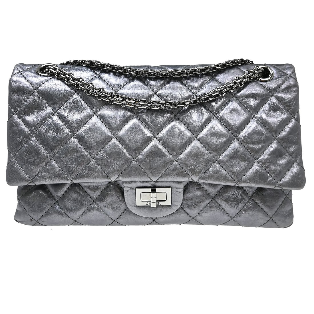 Chanel Reissue 2.55 Flap Bag Silver Calfskin: Chanel Reissue 2.55 Flap Bag Silver Calfskin This Chanel Reissue 2.55 Flap Bag is crafted from metallic silver calfskin leather and features a timeless, elegant design. Suitable for both men and women