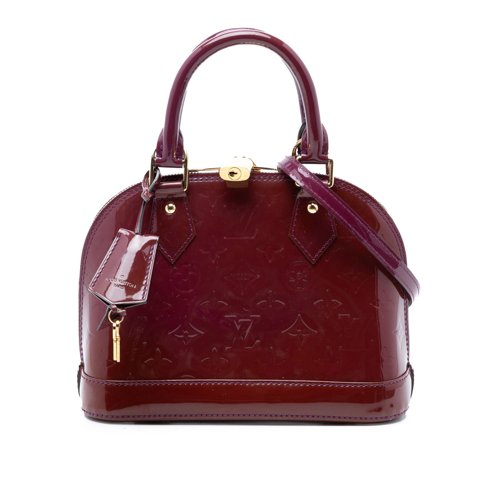 Louis Vuitton Alma BB Monogram Vernis Purple Bag: Louis Vuitton Alma BB Monogram Vernis Purple Bag This Louis Vuitton Monogram Vernis Alma BB is crafted from monogram vernis leather in purple and features rolled top handles, a detachable flat leather
