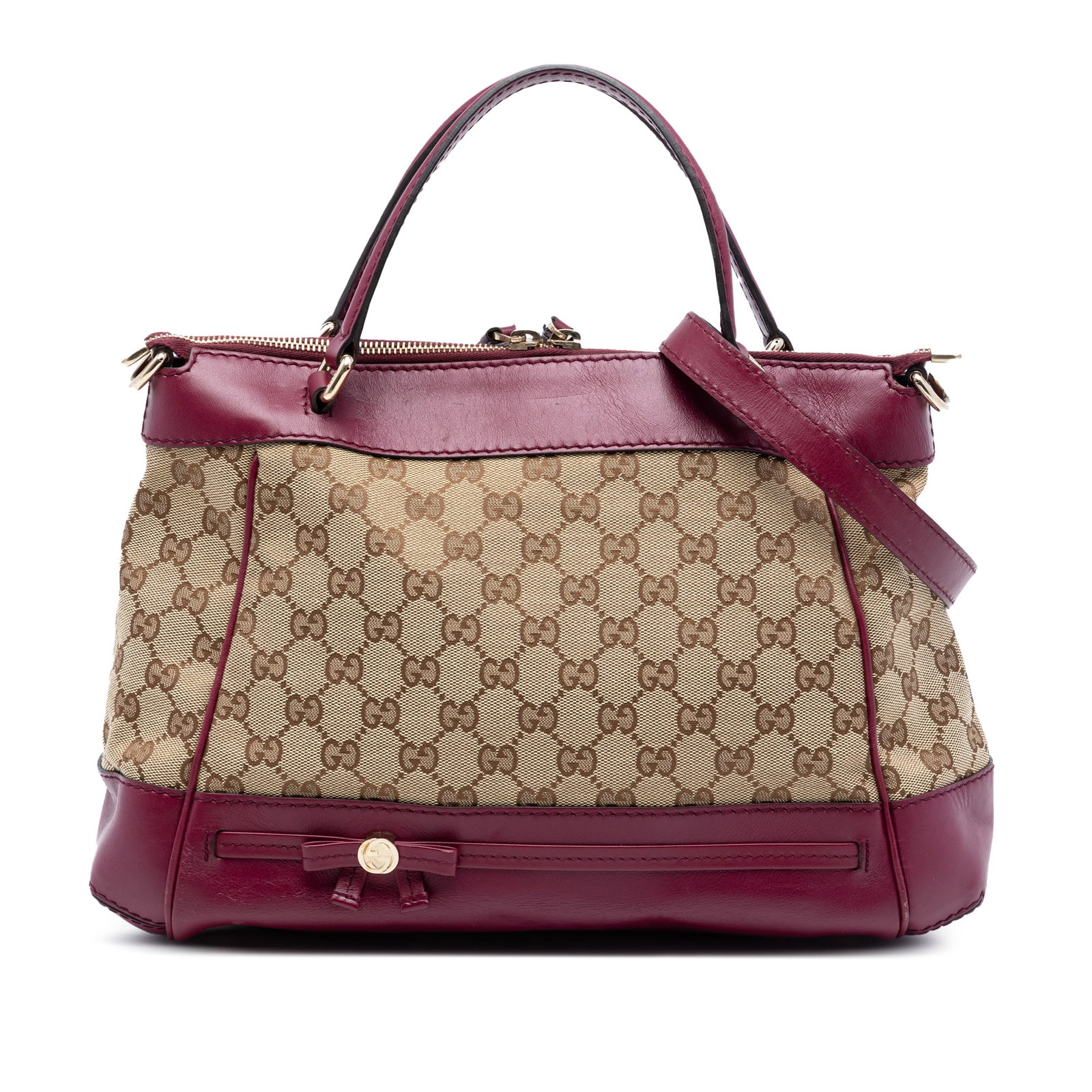 Mayfair Satchel Bag by Gucci in GG Canvas and Leather Trim: Mayfair Satchel Bag by Gucci in GG Canvas and Leather Trim The Gucci GG Canvas Mayfair Satchel features a beige canvas body with leather trim, flat leather handles, a detachable flat leather strap, a 