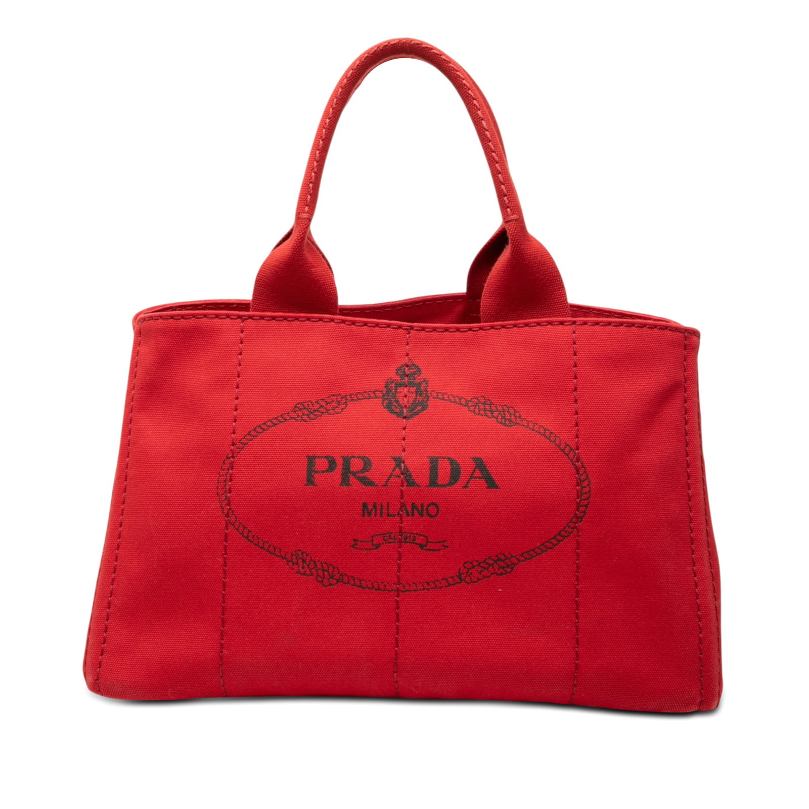 Prada red canvas Canapa Logo satchel bag: Prada red canvas Canapa Logo satchel bag This Prada Canvas Canapa Logo Satchel features a durable red fabric body with rolled canvas handles and an open top design. The interior is equipped with both 