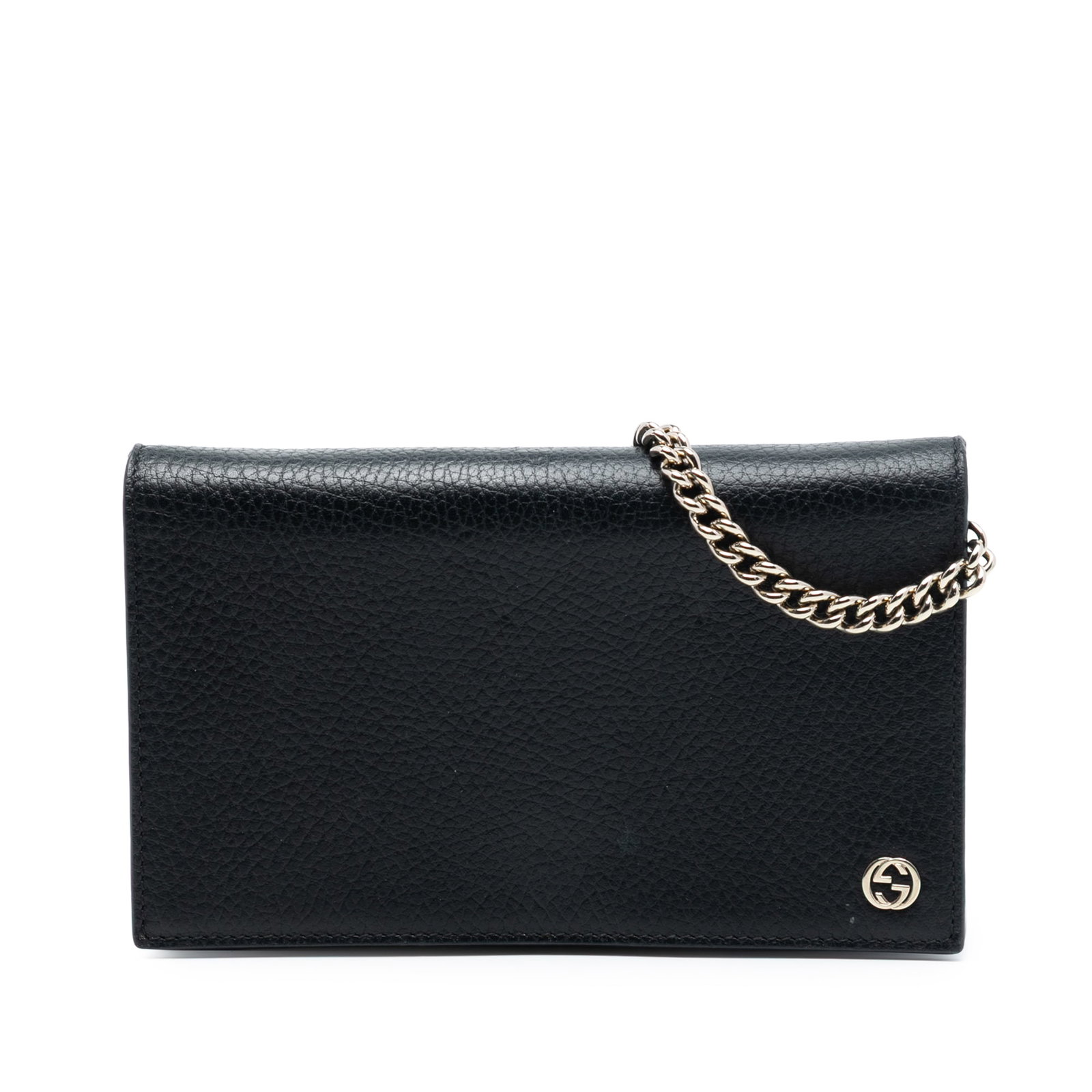 Black Leather Chain Shoulder Wallet by Gucci Betty Collection: Black Leather Chain Shoulder Wallet by Gucci Betty Collection This Gucci Leather Betty Wallet on Chain features a black leather body, a chain-link shoulder strap, a front flap with magnetic snap closu