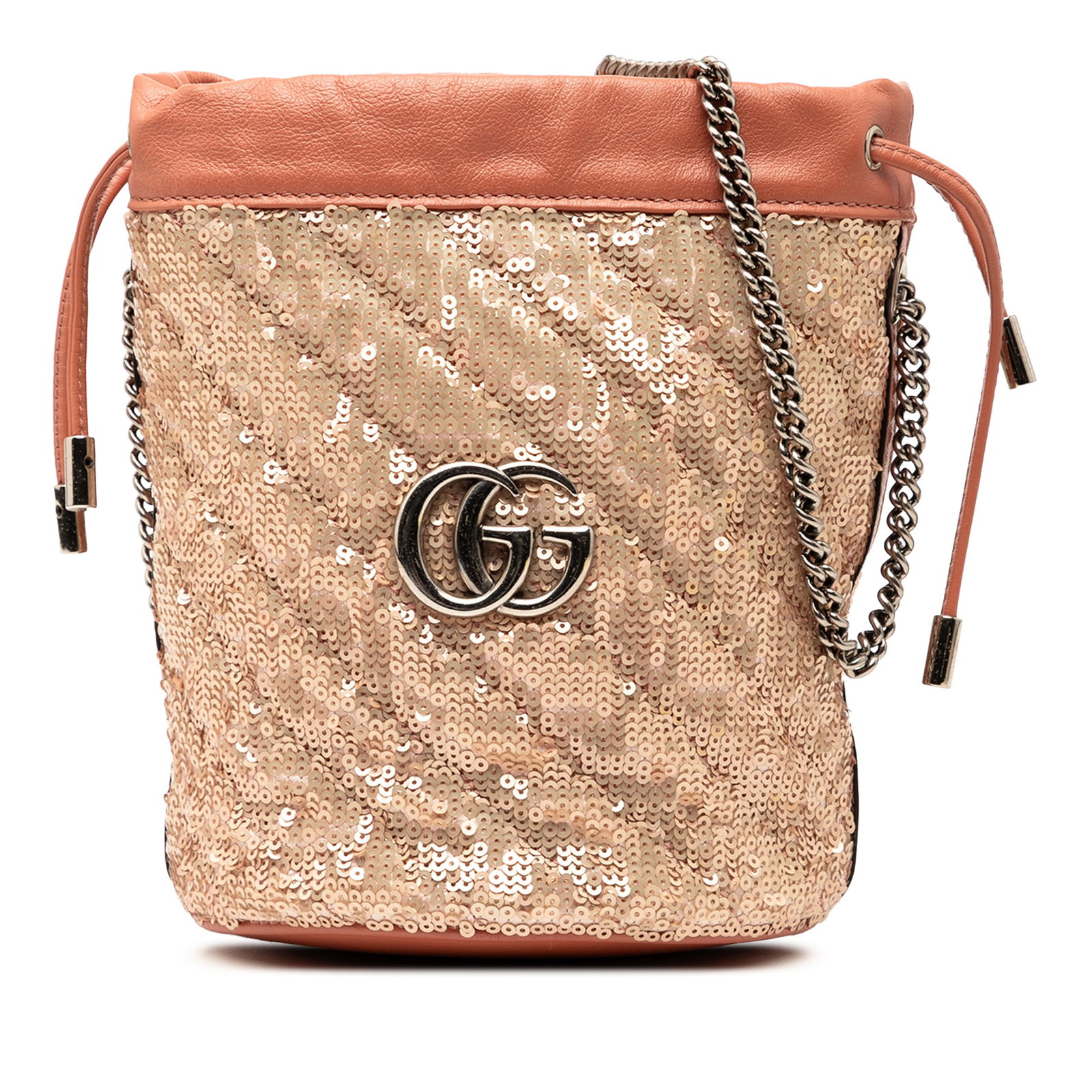 Gucci Small GG Marmont Pink Sequined Leather Bucket Bag: Gucci Small GG Marmont Pink Sequined Leather Bucket Bag The Gucci Small GG Marmont Sequined Diagonal Matelasse Leather Bucket Bag is a stylish and functional accessory. Crafted from luxurious quilted 