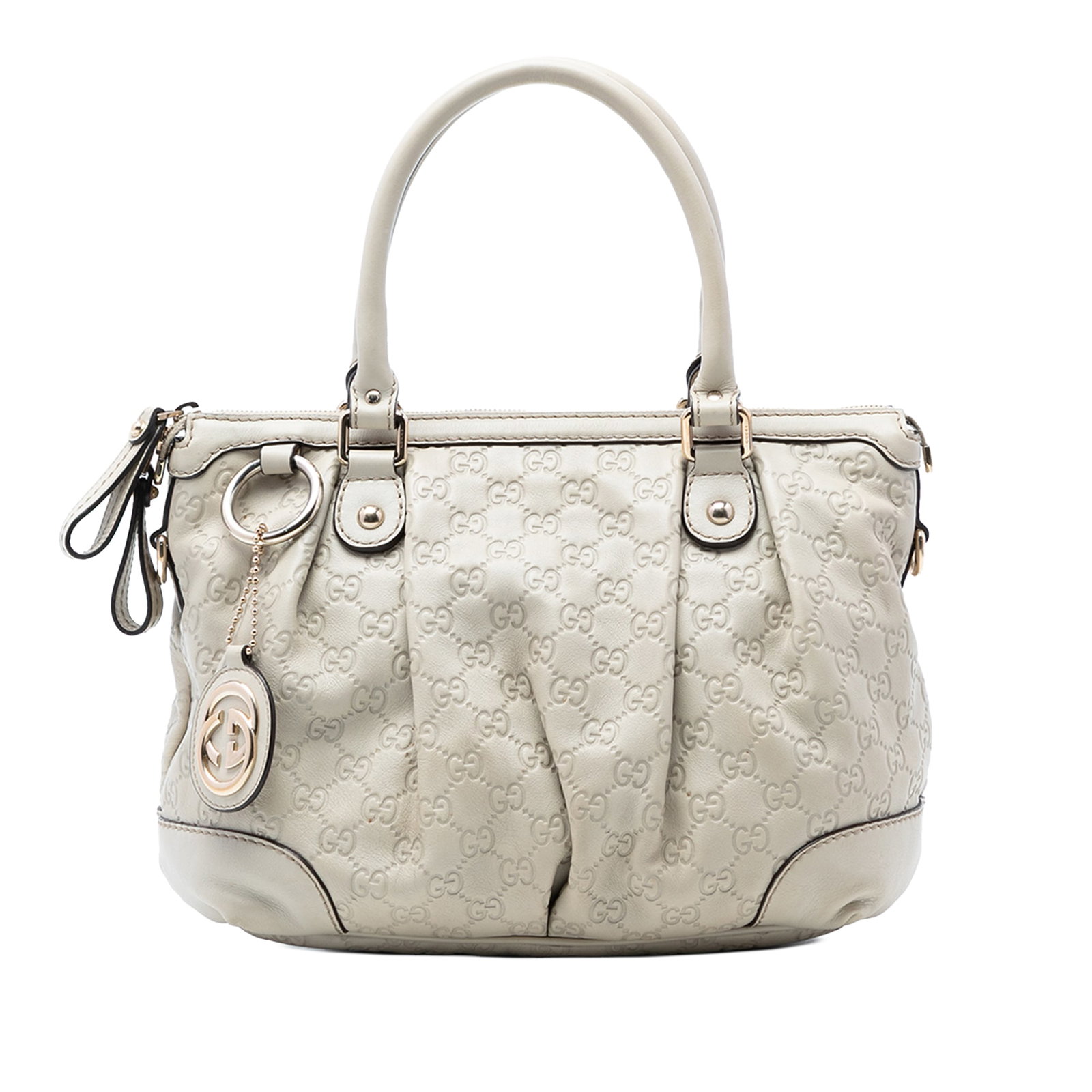 Gucci white leather Sukey satchel with top zip closure: Gucci white leather Sukey satchel with top zip closure This Guccissima Sukey Satchel features a white leather body with rolled leather handles, a top zip closure, and interior zip and slip pockets. Th