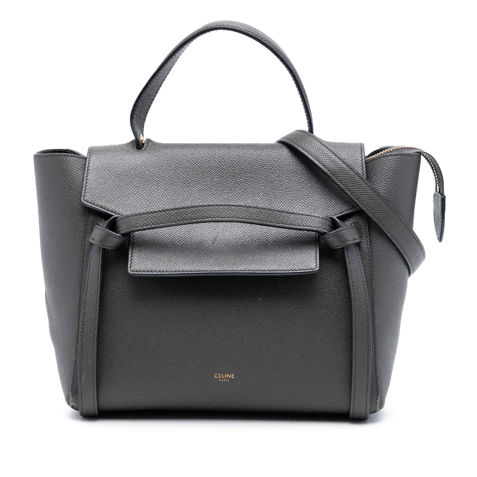 Celine gray leather belt bag with detachable strap: Celine gray leather belt bag with detachable strap This Celine Micro Grained Calfskin Belt Bag is crafted from leather and features a flat leather handle, a detachable leather strap, a front flap with