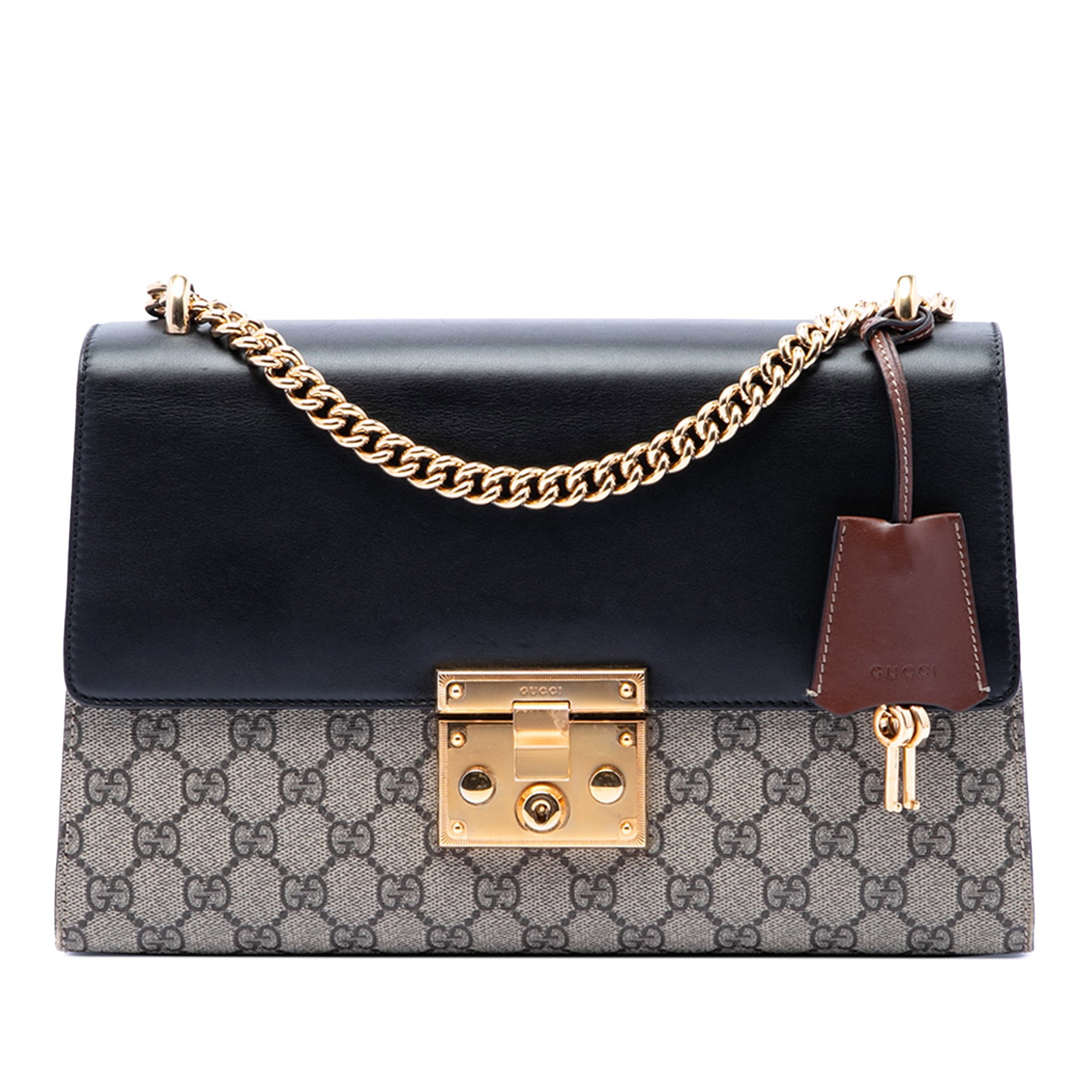 Gucci Padlock GG Supreme Shoulder Bag Medium Beige: Gucci Padlock GG Supreme Shoulder Bag Medium Beige This Gucci Medium GG Supreme Padlock Shoulder Bag is crafted from coated canvas and features a chain link strap, a front flap with an S-lock closure,