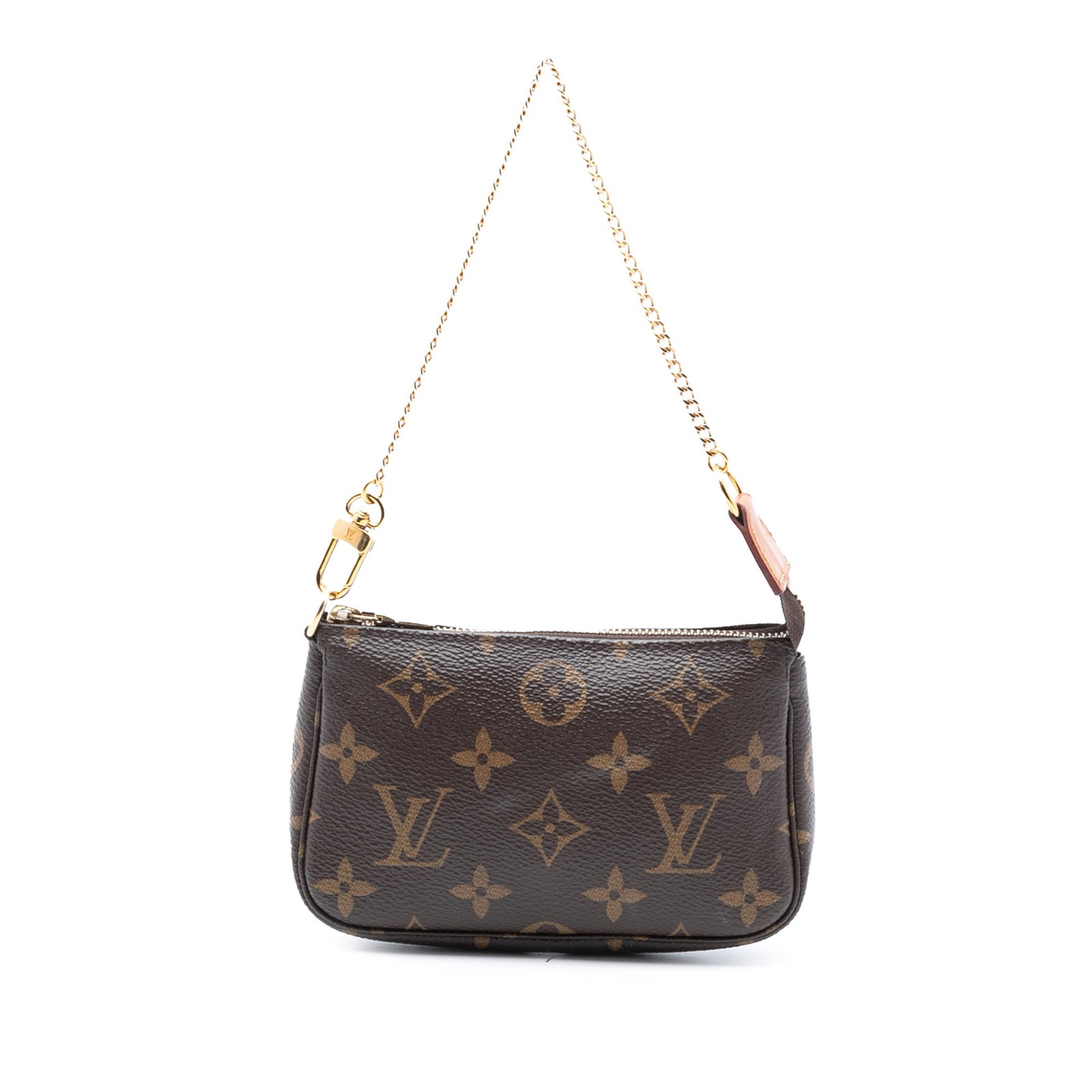 Louis Vuitton Mini Pochette Monogram Canvas Pouch with Chain Strap: Louis Vuitton Mini Pochette Monogram Canvas Pouch with Chain Strap The Louis Vuitton Monogram Mini Pochette Accessoires features a monogram canvas body with a chain link strap and a top zip closure. T