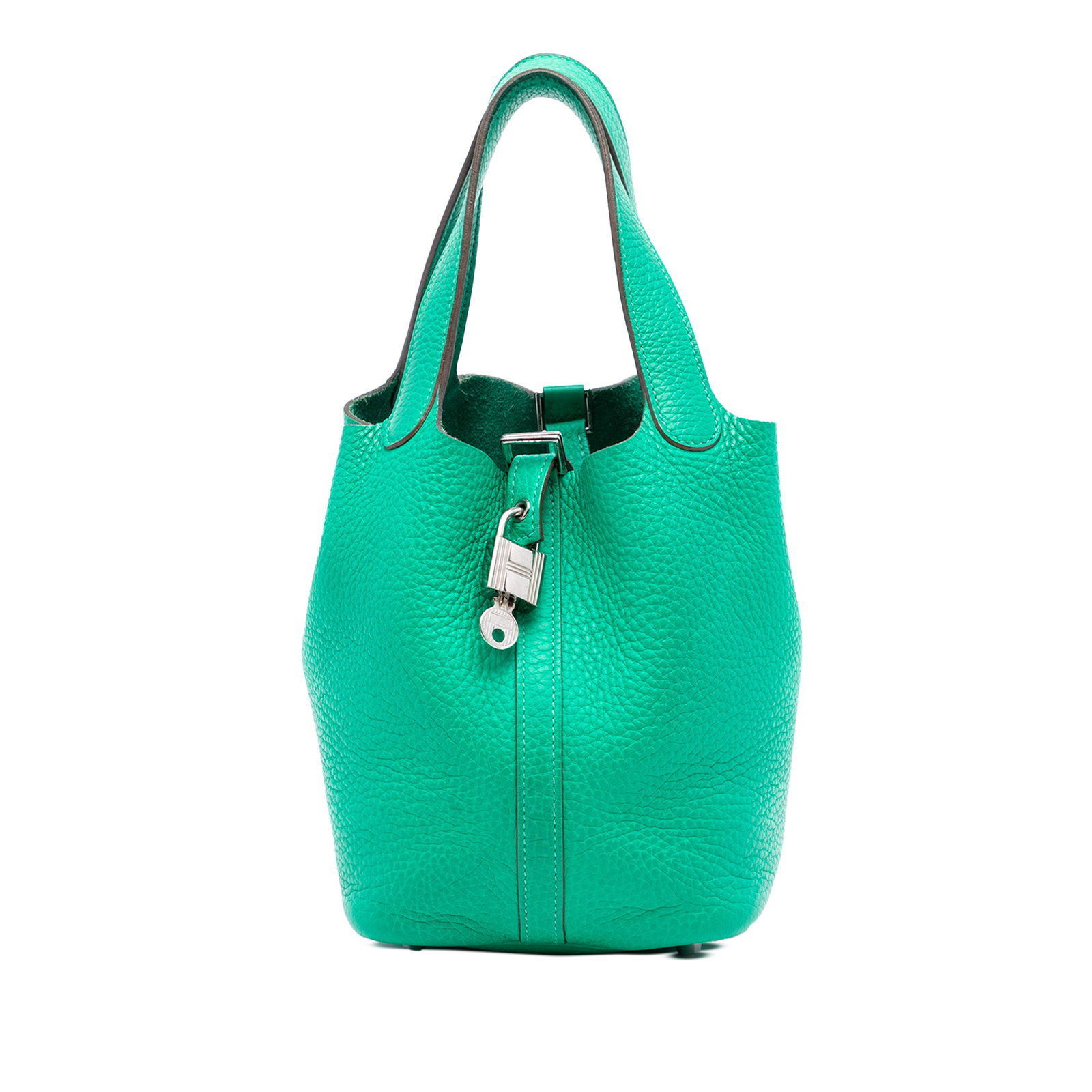 Hermes Picotin Lock 18 Menthe Clemence Leather Bag: Hermes Picotin Lock 18 Menthe Clemence Leather Bag The Hermes Clemence Picotin Lock 18 is crafted from Clemence leather in a vibrant Menthe green. It features flat leather handles and an open top with
