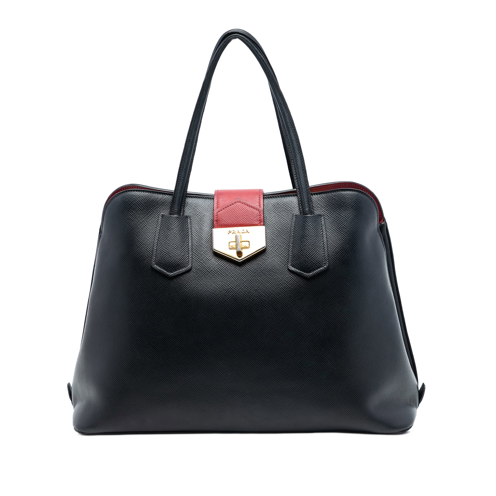 Prada Saffiano Cuir Black Leather Convertible Satchel with Top Handle: Prada Saffiano Cuir Black Leather Convertible Satchel with Top Handle This Prada Saffiano Cuir Convertible Top Handle Bag features a saffiano leather body in black, a flat top handle, and a top strap 