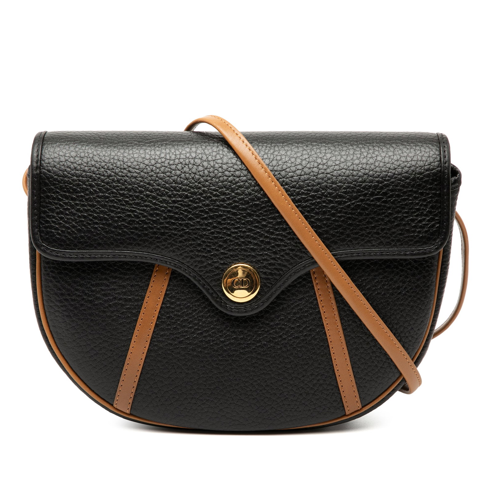 Dior black leather flap crossbody with adjustable strap: Dior black leather flap crossbody with adjustable strap This Dior Bicolor Grained Calfskin Crossbody bag is crafted from high-quality leather and features a sleek black color. The design includes an a