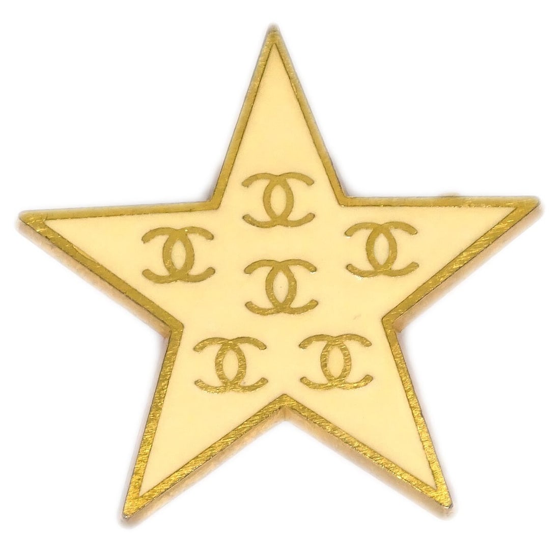 Chanel 01P Gold White Star Brooch Pin: Chanel 01P Gold White Star Brooch Pin This exquisite Chanel Star Brooch Pin showcases a stunning star shape crafted from high-quality gold-plated metal, featuring a captivating gold and white color co