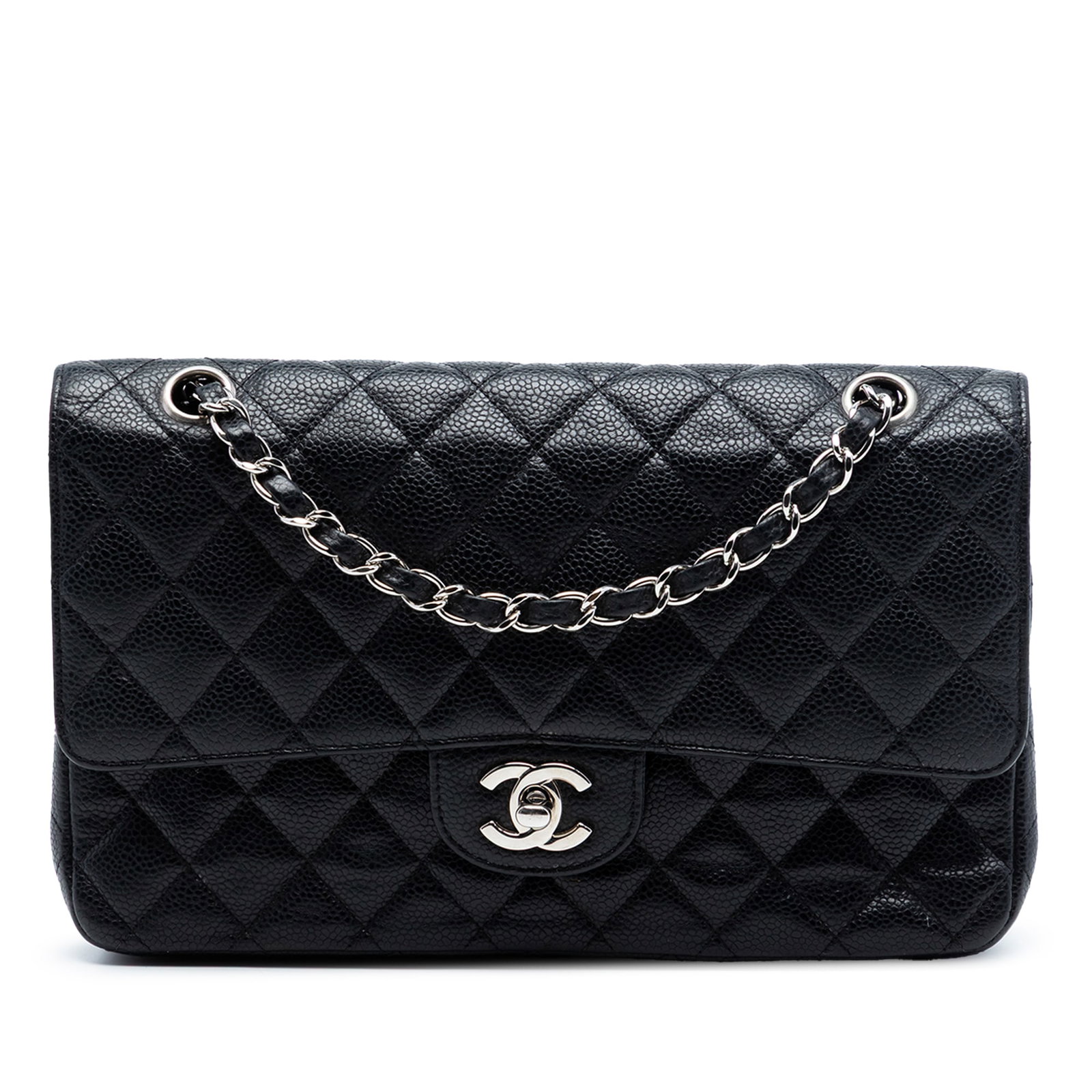 Chanel Black Caviar Leather Medium Double Flap Shoulder Bag: Chanel Black Caviar Leather Medium Double Flap Shoulder Bag This Chanel Medium Classic Caviar Double Flap shoulder bag is crafted from quilted caviar leather in black and features an exterior back sli