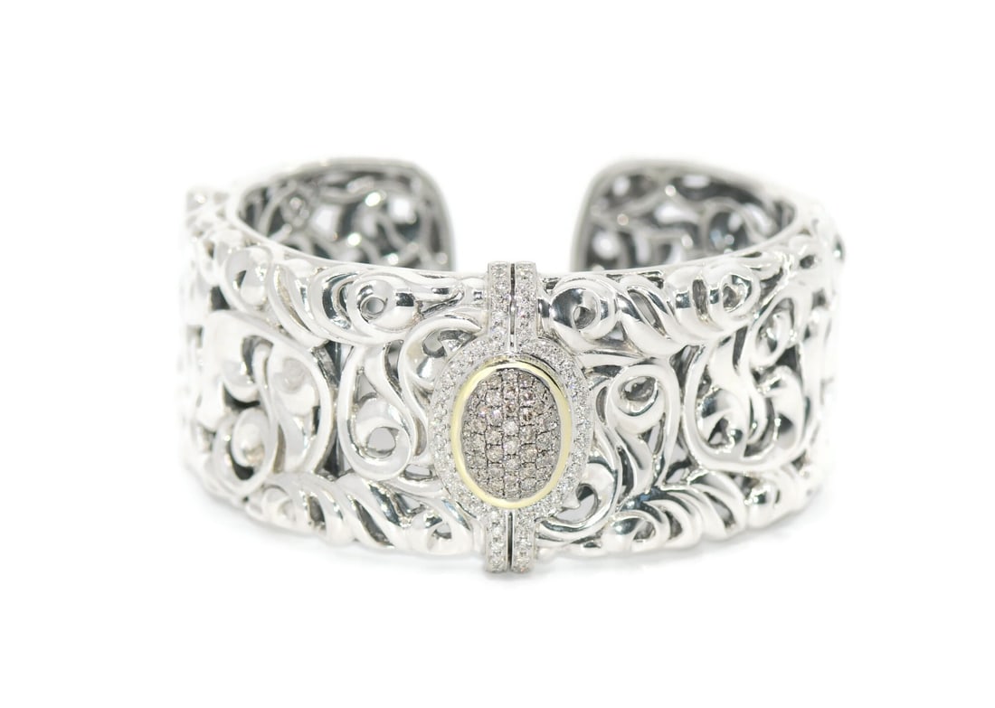 Charles Krypell Diamond Cuff Bracelet 18K Sterling Silver 30mm 6 Inch Wrist: Charles Krypell Diamond Cuff Bracelet 18K Sterling Silver 30mm 6 Inch Wrist This Charles Krypell cuff bracelet features a sophisticated design crafted from sterling silver with 18K gold accents. Set w