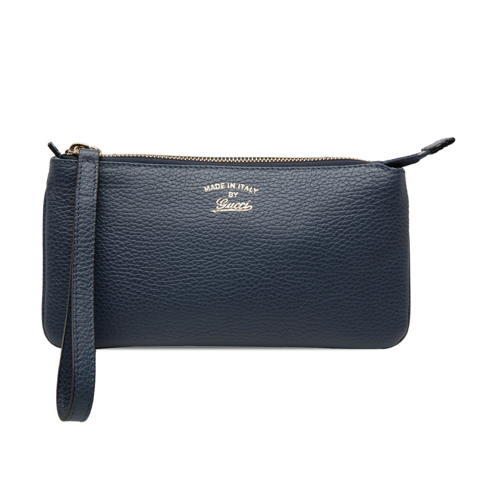 Gucci Swing Blue Leather Wristlet Pouch with Zip Closure: Gucci Swing Blue Leather Wristlet Pouch with Zip Closure This Gucci Pebbled Leather Swing Wristlet Pouch features a blue leather body with a pebbled texture, a flat leather wristlet strap, and a top z