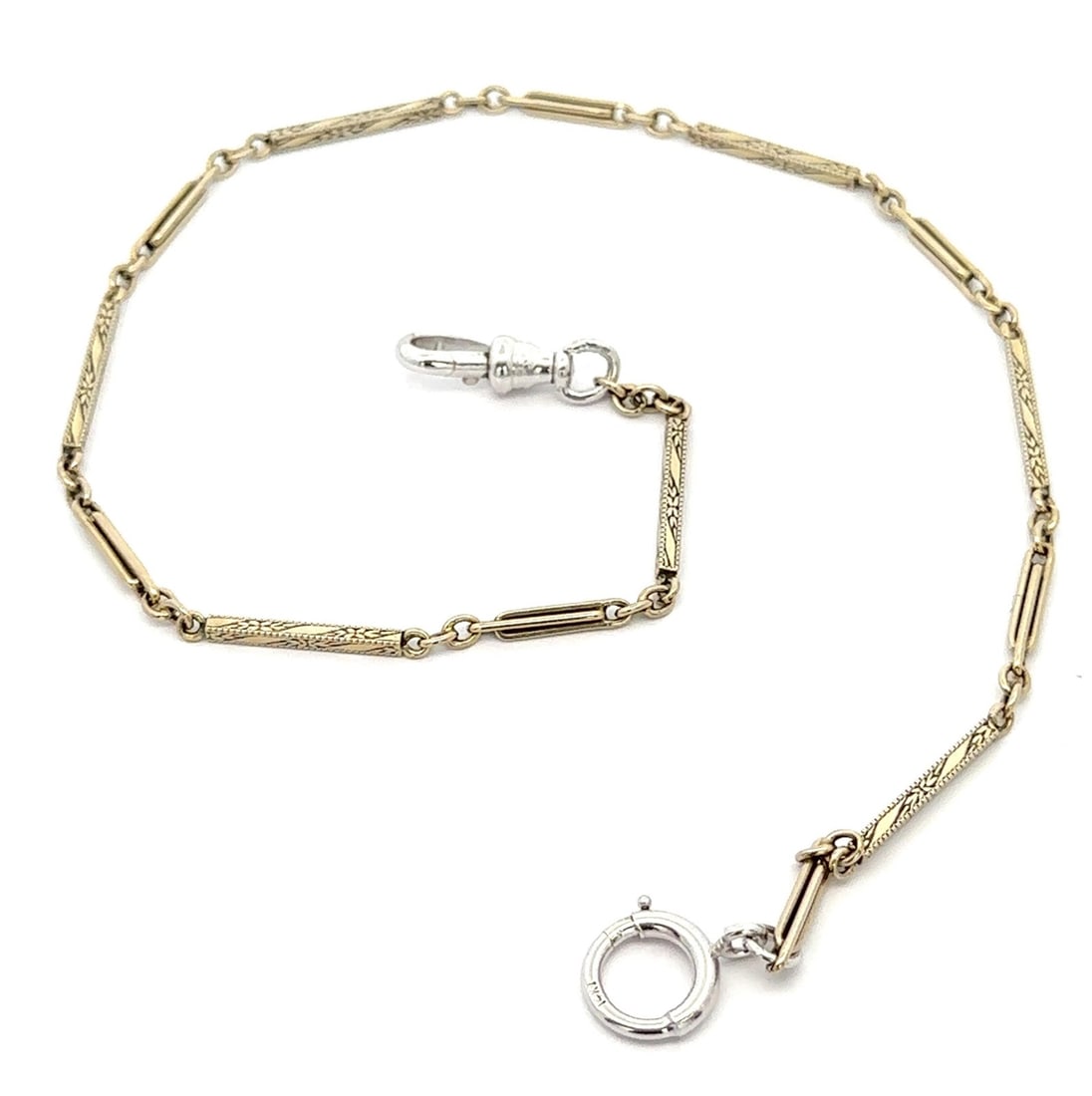 Antique 14 Inch White Gold Bar Link Pocket Watch Chain with Clip: Antique 14 Inch White Gold Bar Link Pocket Watch Chain with Clip This exquisite antique pocket watch chain is crafted from solid 13k-14k white gold and features a detailed bar link design. Measuring 1