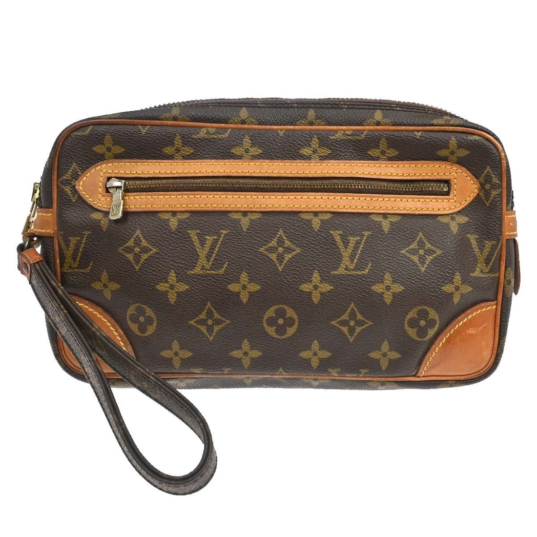 Louis Vuitton Monogram Leather Clutch Marly Dragonne GM M51825: Louis Vuitton Monogram Leather Clutch Marly Dragonne GM M51825 This Louis Vuitton Marly Dragonne GM clutch bag features the iconic monogram pattern on brown leather, complemented by a matching brown h