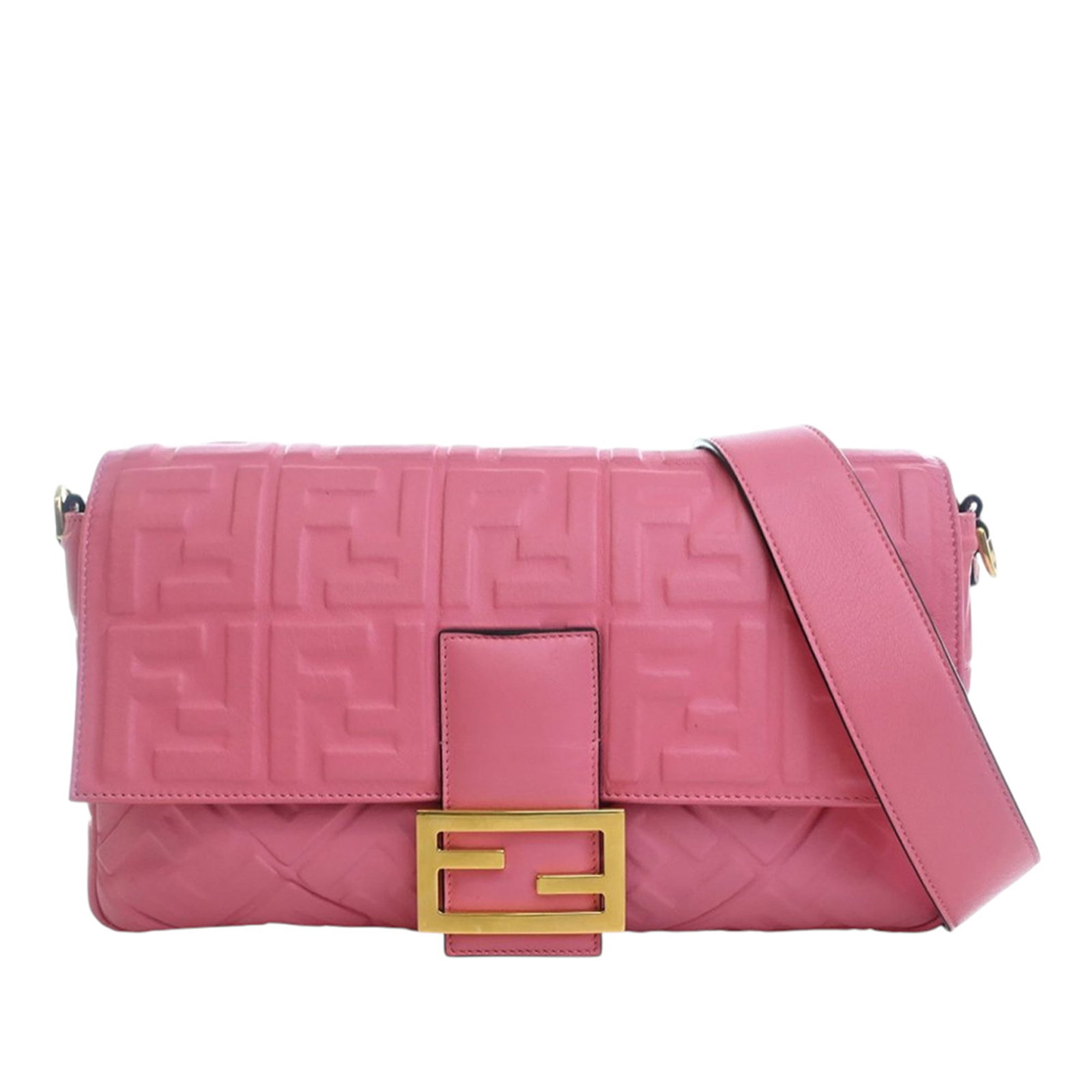 Fendi pink embossed leather Baguette satchel: Fendi pink embossed leather Baguette satchel This Fendi Large Zucca Embossed Leather Baguette Satchel features a pink embossed leather body with a signature Zucca pattern. It is designed with a detach