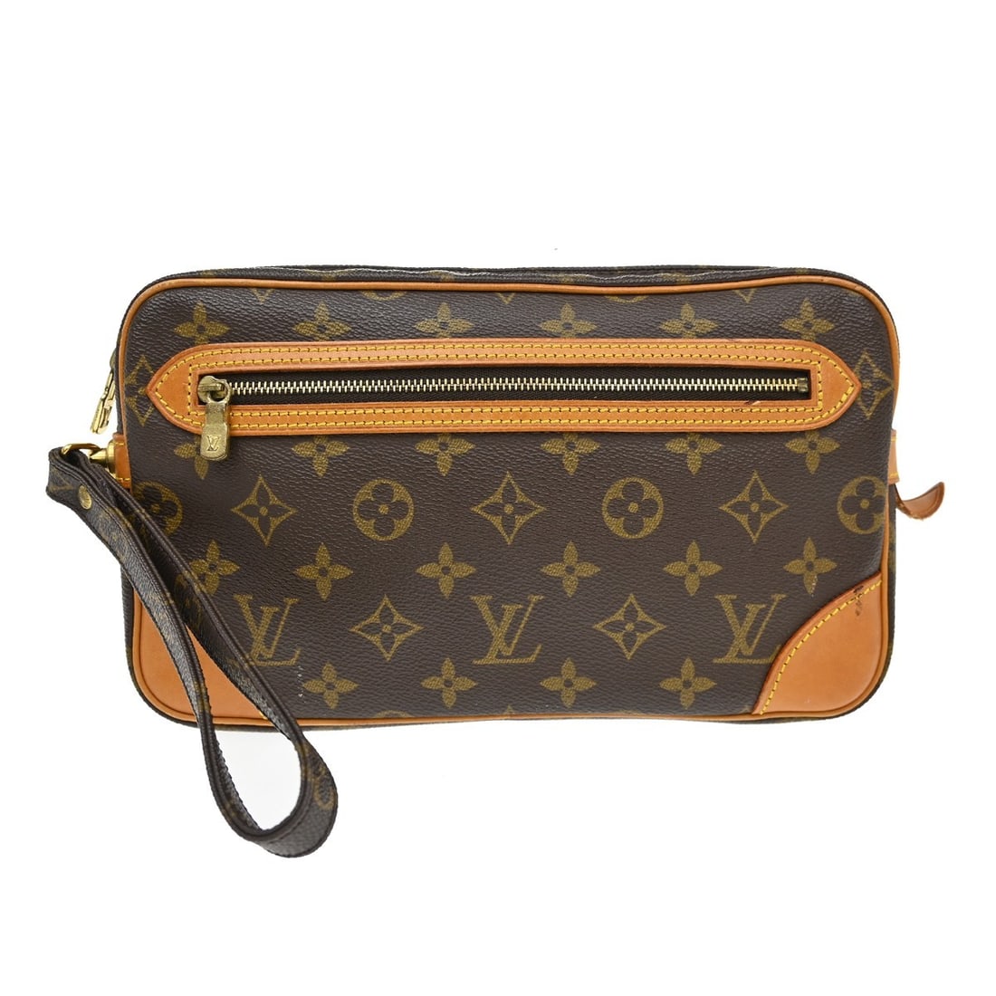 Louis Vuitton Marly Dragonne GM monogram leather clutch purse: Louis Vuitton Marly Dragonne GM monogram leather clutch purse This Louis Vuitton Marly Dragonne GM clutch bag features the signature monogram pattern on brown leather, complemented by a brown handle a