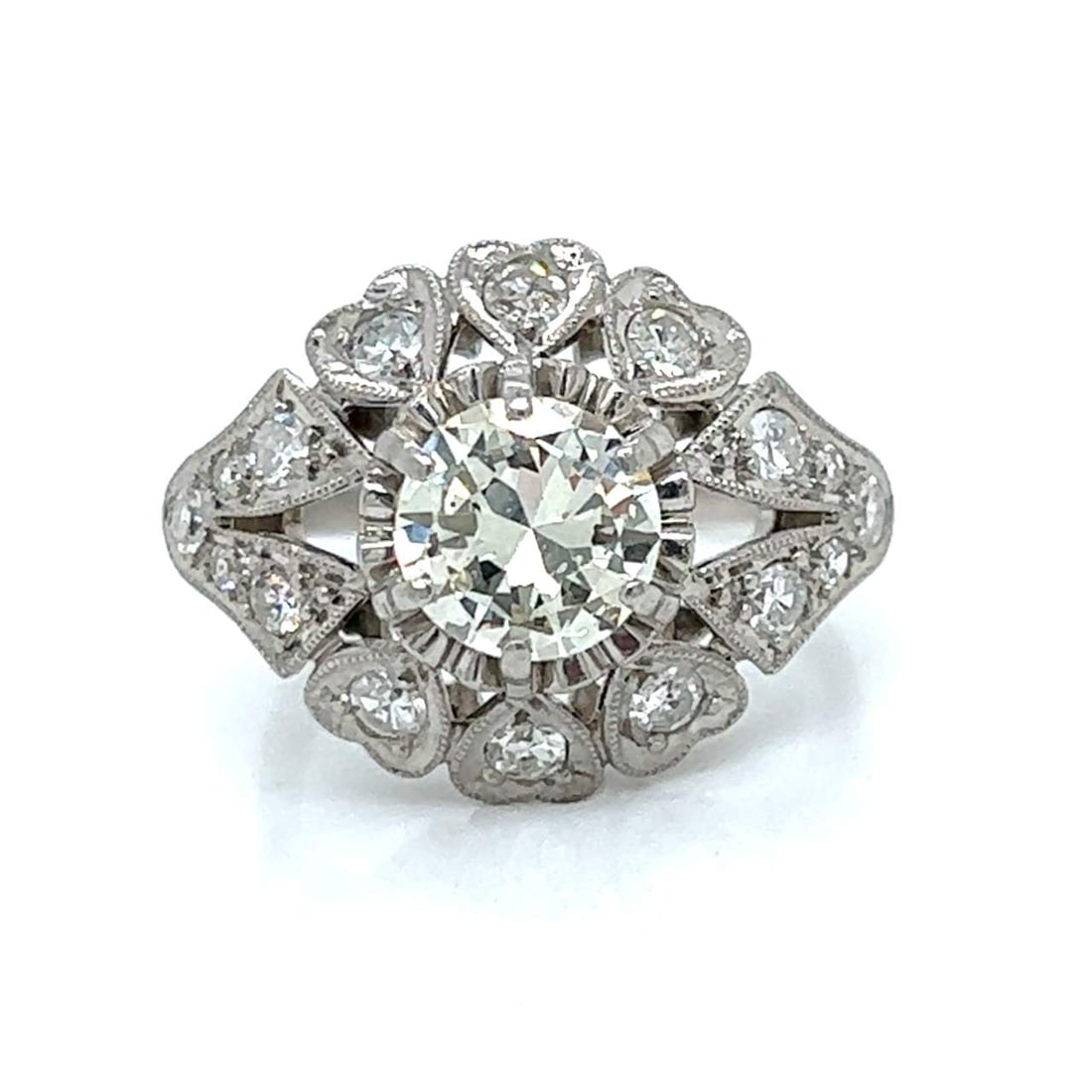 Art Deco Platinum Diamond Ring 1.30 Ct Center 0.50 Ct Accent: Art Deco Platinum Diamond Ring 1.30 Ct Center 0.50 Ct Accent This stunning Art Deco Platinum Diamond Ring features a central diamond weighing approximately 1.30 Ct., exhibiting a M color and SI1 clari