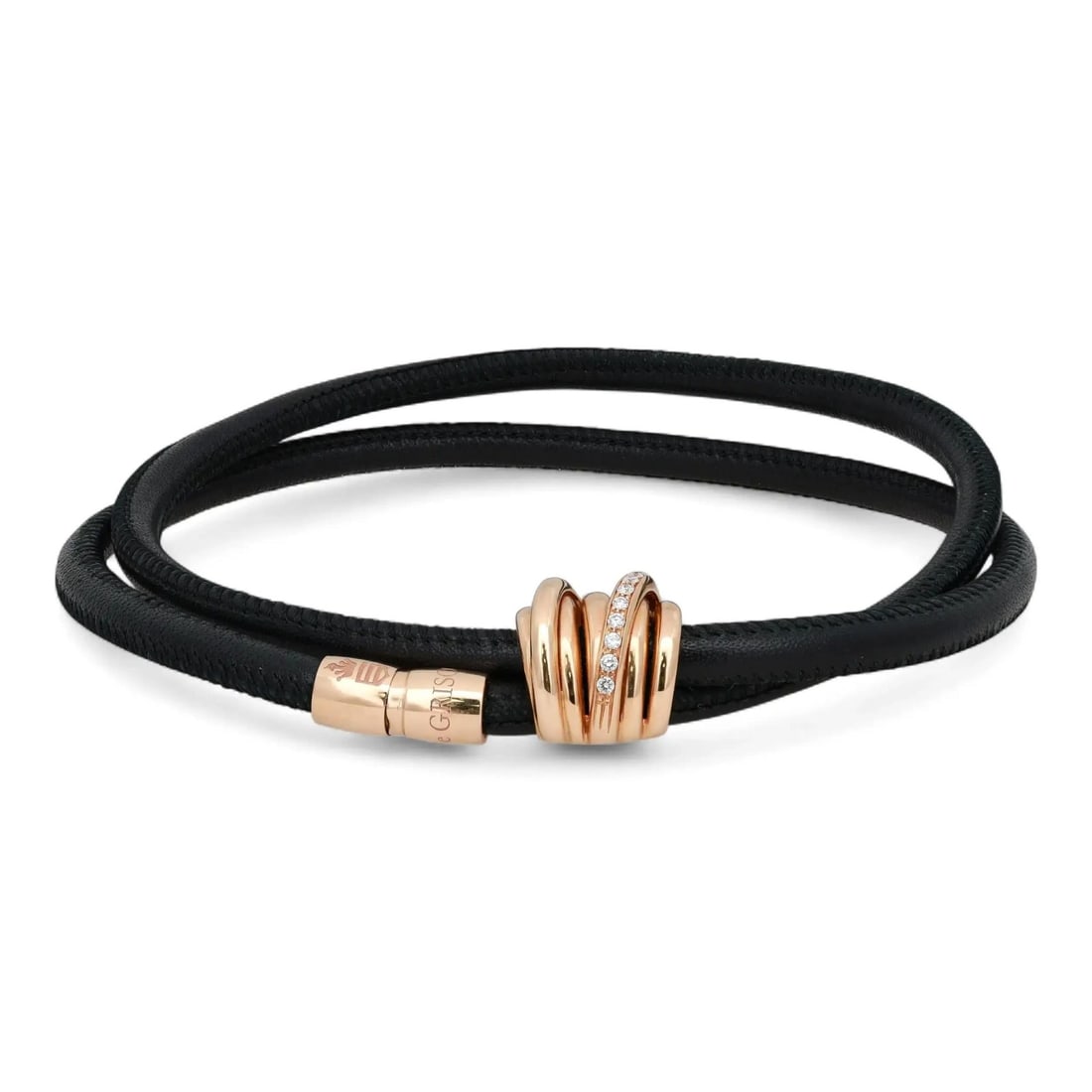 Allegra Diamond Wrap Bracelet in 18K Rose Gold and Black Leather by De Grisogono: Allegra Diamond Wrap Bracelet in 18K Rose Gold and Black Leather by De Grisogono This De Grisogono Allegra wrap bracelet features black leather with an 18k rose gold wavy dome centerpiece, adorned wit