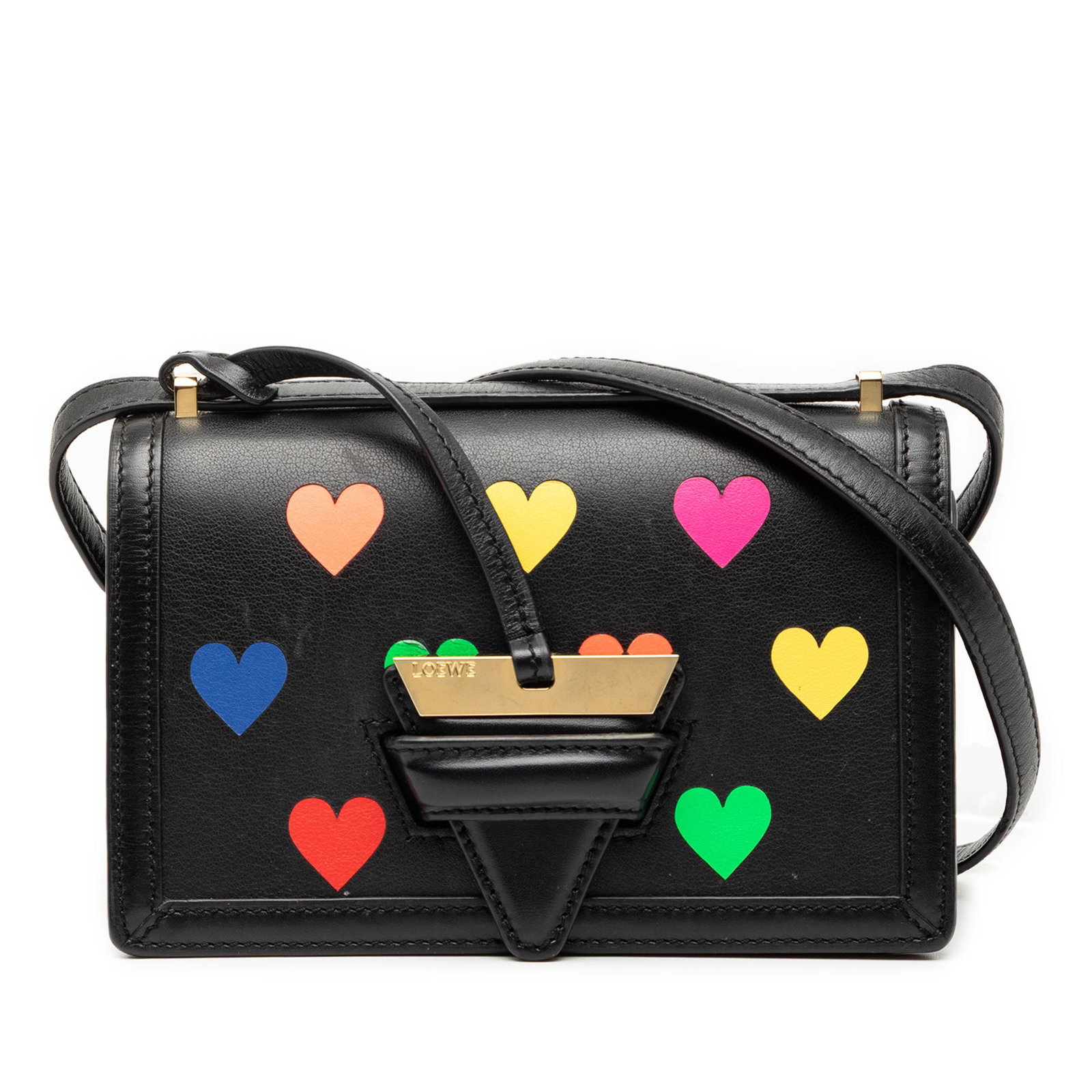 Loewe Barcelona Small Hearts Print Leather Crossbody Bag Black: Loewe Barcelona Small Hearts Print Leather Crossbody Bag Black This LOEWE Small Leather Hearts Barcelona Crossbody features a printed leather body in black, an adjustable flat leather shoulder strap, 