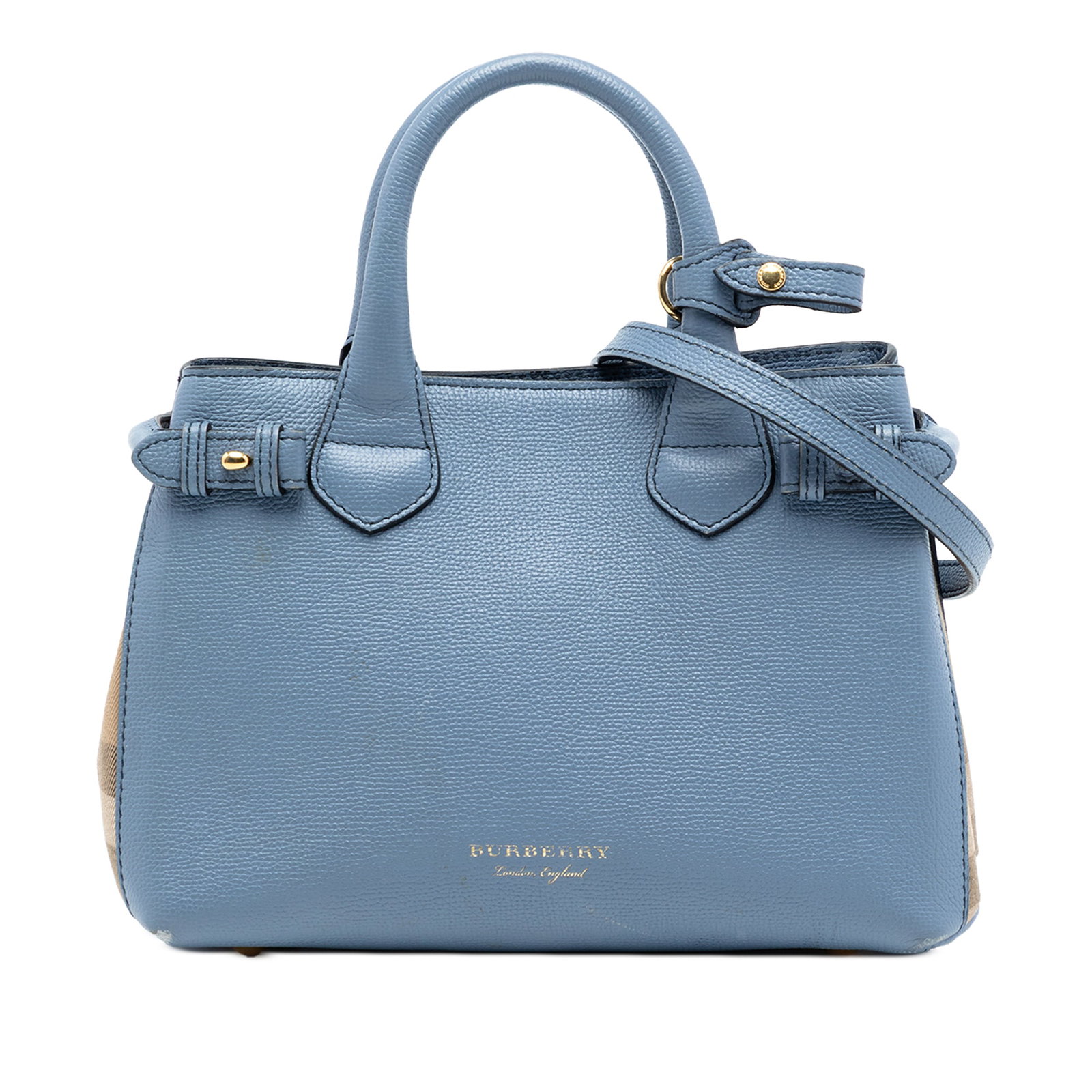 Burberry Banner satchel blue leather house check trim: Burberry Banner satchel blue leather house check trim This Burberry Small Leather and House Check Banner Satchel features a leather body with canvas trim, rolled leather handles, a detachable flat lea
