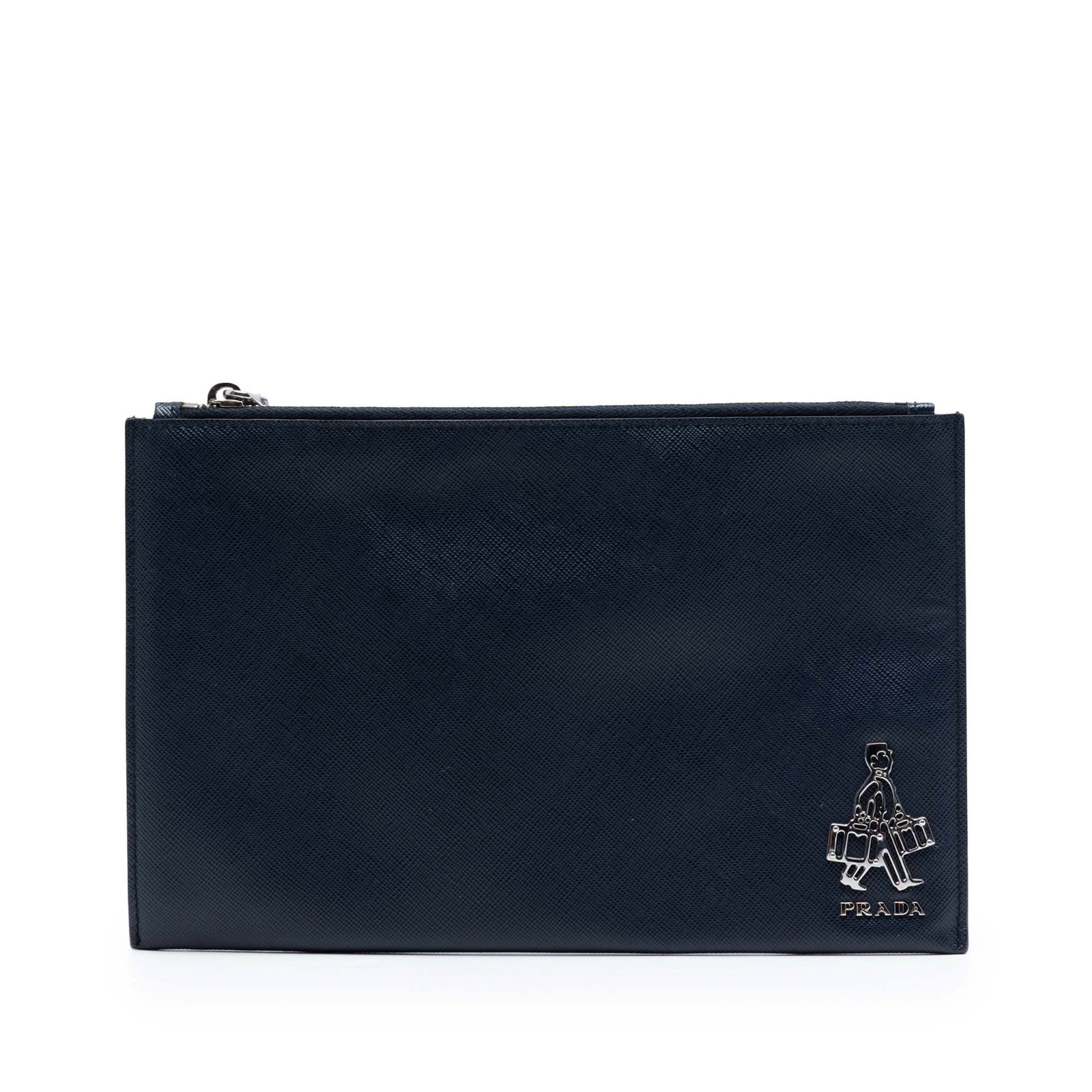 Prada Saffiano Voyage blue leather clutch bag: Prada Saffiano Voyage blue leather clutch bag This Prada Saffiano Voyage Document Holder is crafted from blue leather and features a sleek clutch design with a top zip closure. The interior offers sli