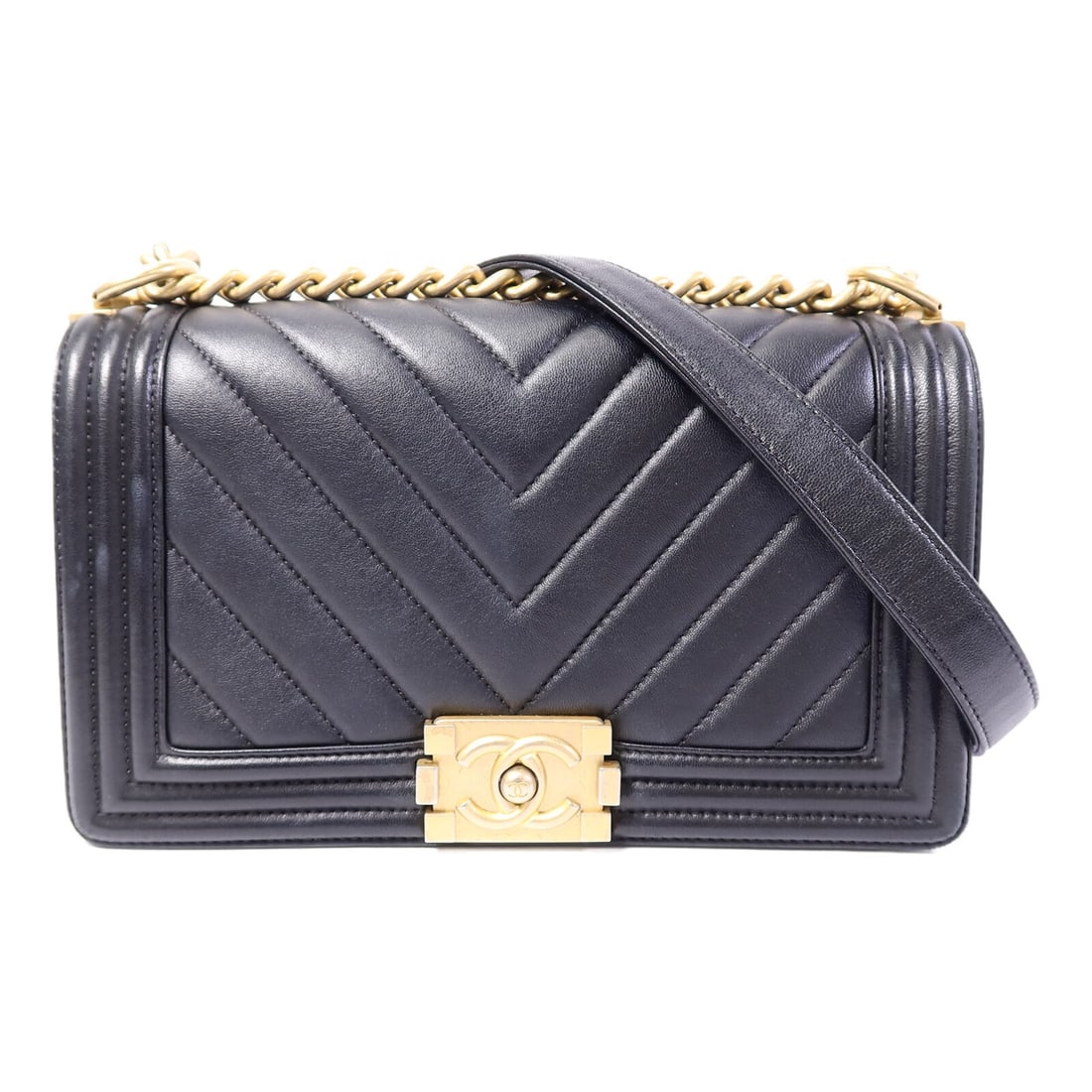 CHANEL Boy 25 Black Lambskin Shoulder Bag GHW: CHANEL Boy 25 Black Lambskin Shoulder Bag GHW This CHANEL Boy 25 shoulder bag features a classic black lambskin leather exterior and gold-tone hardware. Designed for women, it offers a compact yet fun