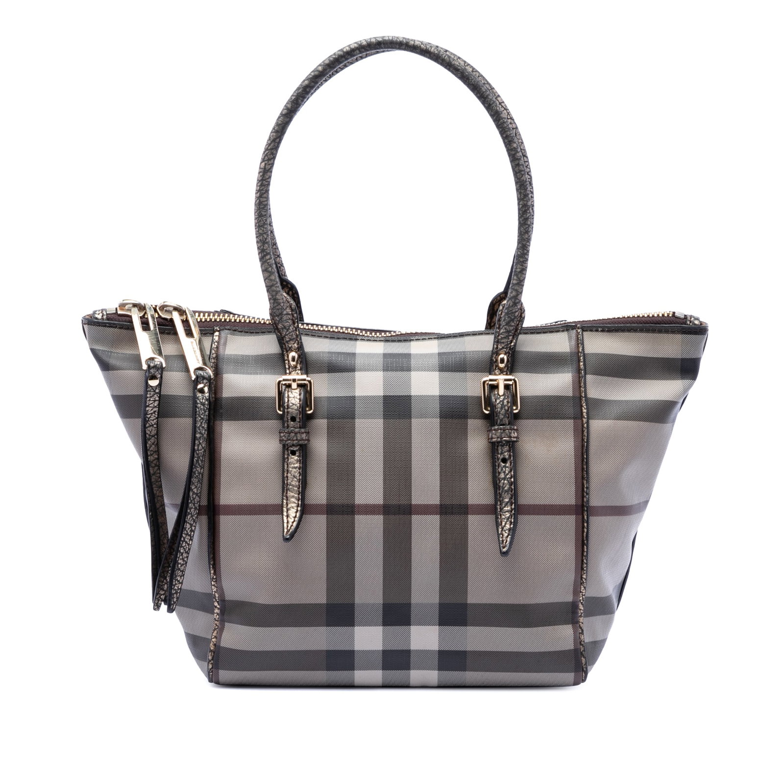 Burberry Salisbury Tote Coated Canvas Beige: Burberry Salisbury Tote Coated Canvas Beige This Burberry Small Smoke Check Salisbury Tote is crafted from coated canvas with rolled leather straps. It features a two-way top zip closure and offers bo