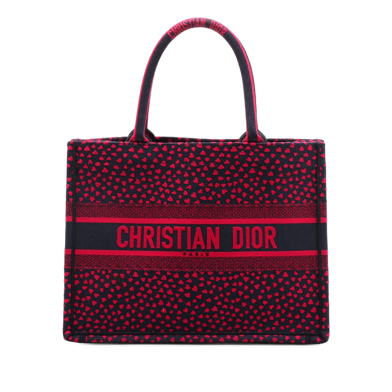 Dior Book Tote Medium Canvas Pop Hearts I Love Paris: Dior Book Tote Medium Canvas Pop Hearts I Love Paris This Dior Medium Canvas Pop Hearts I Love Paris Book Tote features an embroidered canvas body with a vibrant red color and rolled top handles. The 