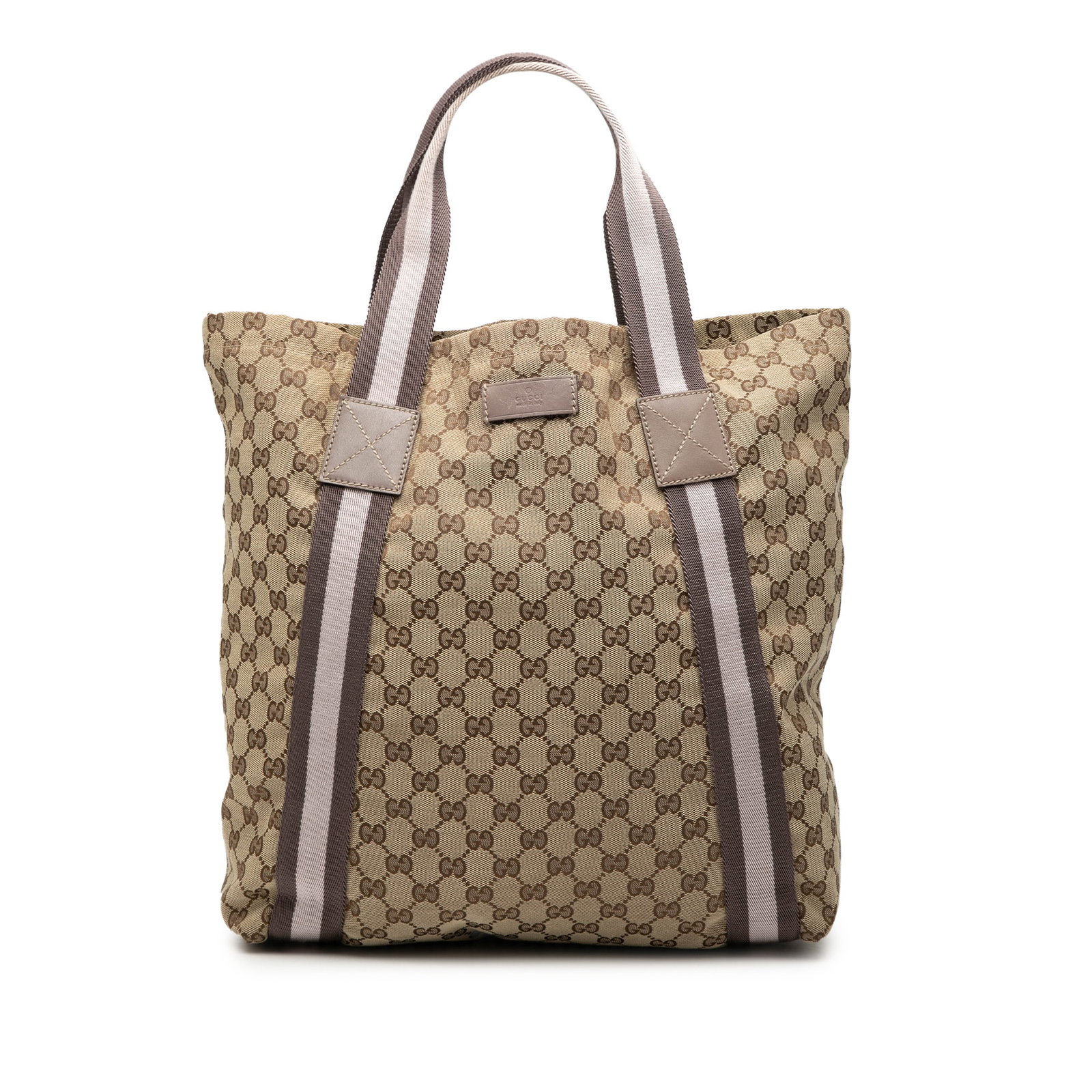 Gucci Beige Canvas Tote with Web Detail: Gucci Beige Canvas Tote with Web Detail This Gucci GG Canvas Web Tote features a beige fabric body with flat straps, an open top, and interior slip pockets. Made in Italy, the bag shows signs of use, 