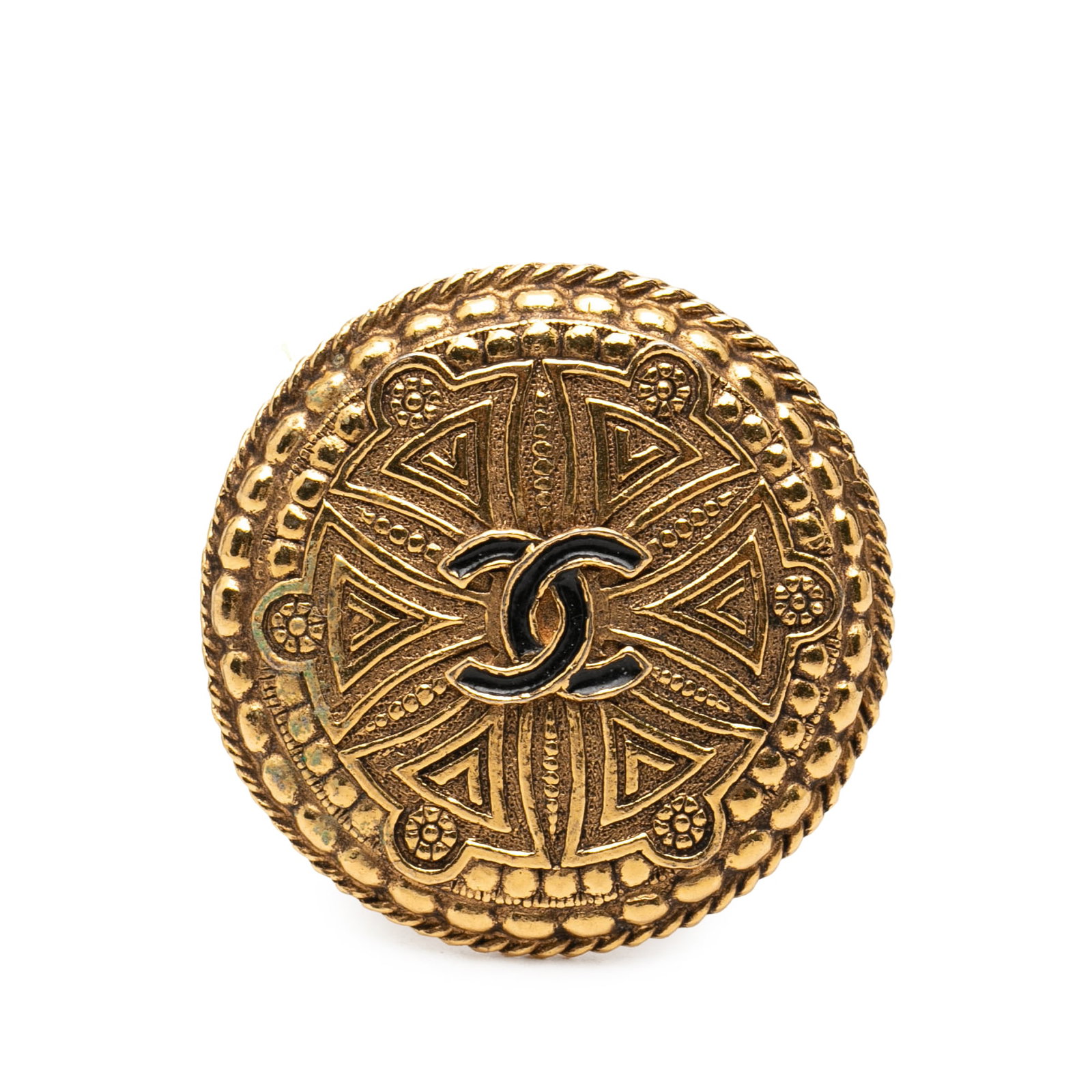 Chanel CC Round Gold Plated Brooch: Chanel CC Round Gold Plated Brooch This Chanel brooch features the iconic CC logo in a round design, crafted from gold-plated metal. It is equipped with a secure back pin closure. Please note that the