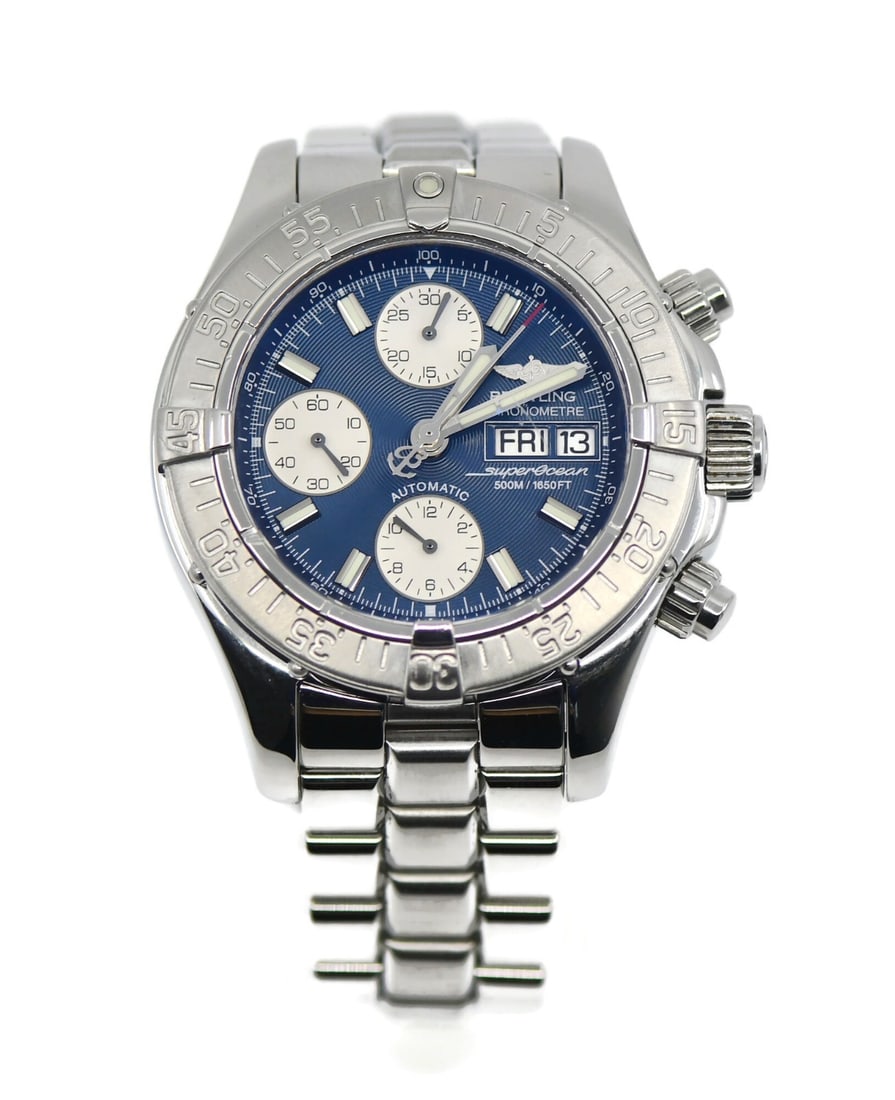 Breitling Superocean A13340 Automatic Chronograph Steel Wristwatch: Breitling Superocean A13340 Automatic Chronograph Steel Wristwatch This Breitling Superocean Chronograph wristwatch, reference A13340, features a robust stainless steel case and bracelet with a blue a