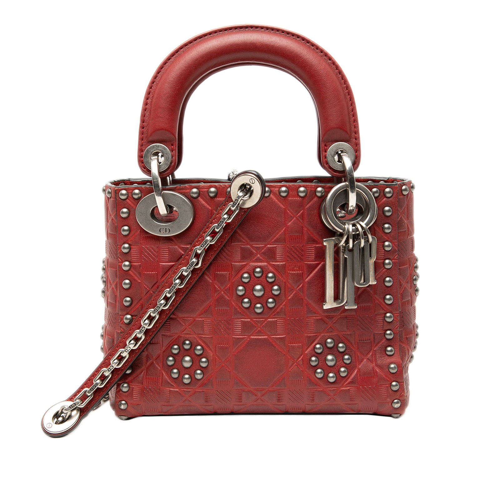 Dior Lady Dior Mini Red Studded Cannage Calfskin Flower Bag with Chain Strap: Dior Lady Dior Mini Red Studded Cannage Calfskin Flower Bag with Chain Strap This Lady Dior Mini satchel showcases an embossed and studded calfskin leather body with floral detailing. It features flat