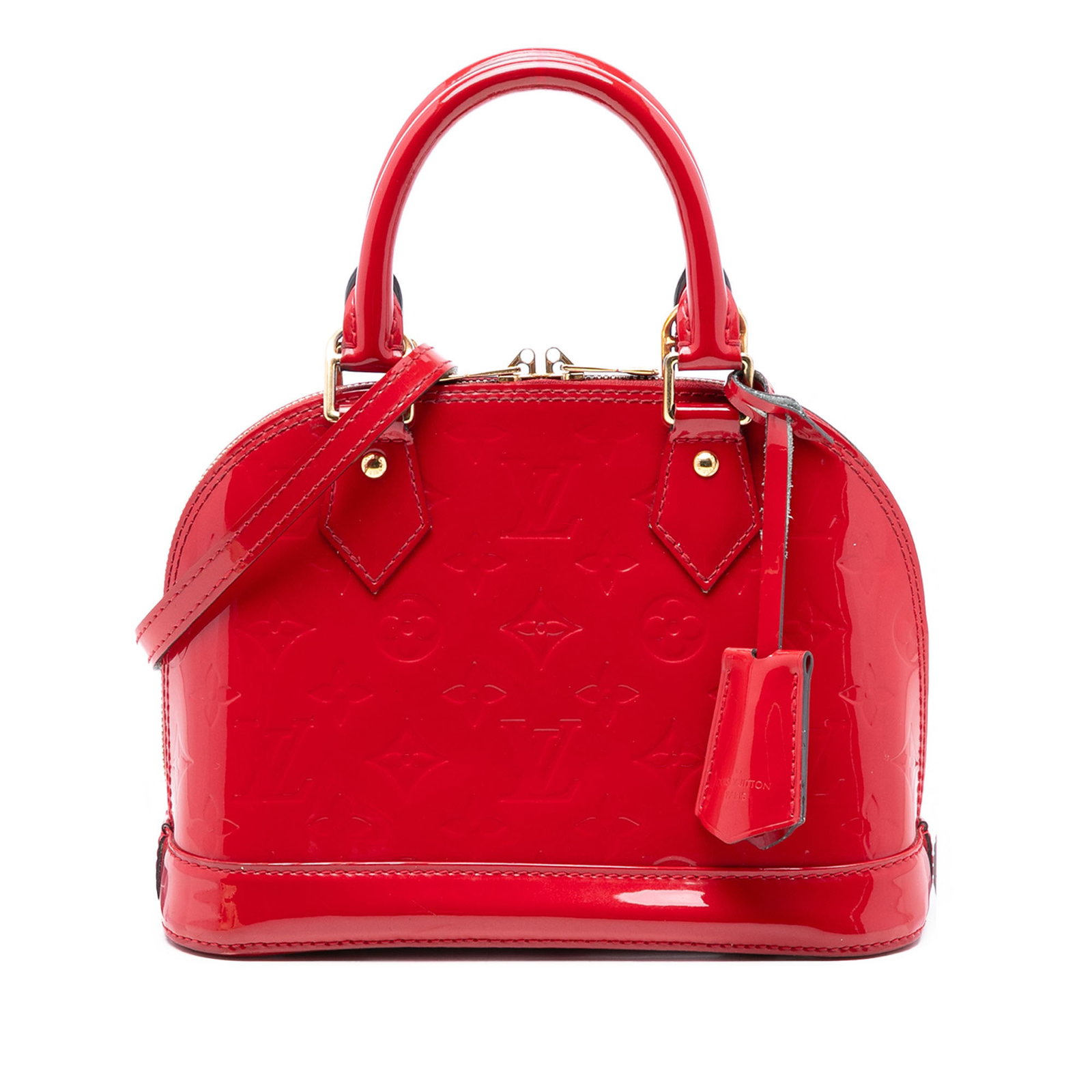 Louis Vuitton Alma BB Monogram Vernis Red Leather Bag: Louis Vuitton Alma BB Monogram Vernis Red Leather Bag This Louis Vuitton Monogram Vernis Alma BB is crafted from vernis leather in a striking red hue. The bag features rolled leather handles, a detach