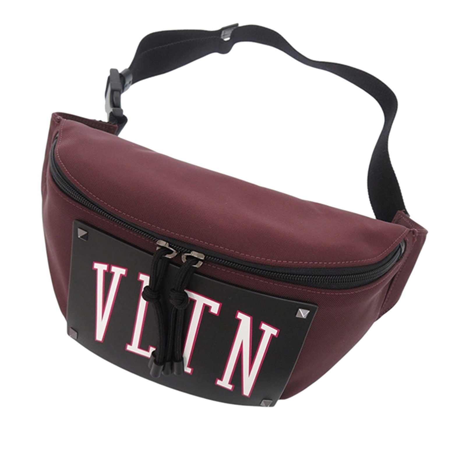 Valentino VLTN Rockstud nylon leather belt bag: Valentino VLTN Rockstud nylon leather belt bag This Valentino belt bag features a canvas body with a leather patch and signature Rockstud detailing. It is designed with an adjustable flat waist strap,