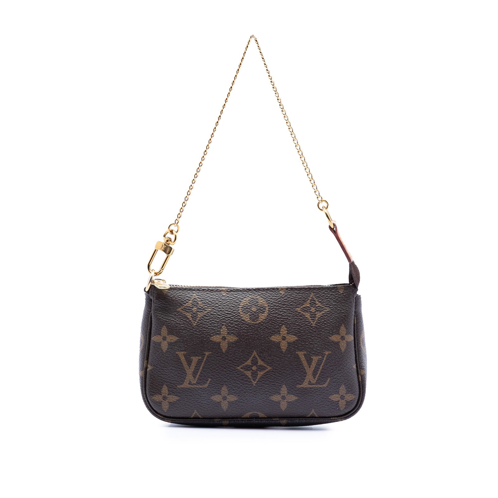 Louis Vuitton Mini Monogram Canvas Pouch with Chain Strap: Louis Vuitton Mini Monogram Canvas Pouch with Chain Strap This Louis Vuitton Mini Pochette Accessoires features the iconic monogram canvas, a gold-tone chain strap, and a secure top zip closure. The b