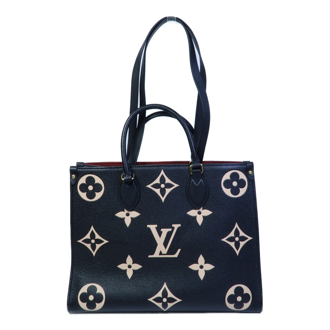 Louis Vuitton OnTheGo MM Black Monogram Empreinte Calfskin Tote: Louis Vuitton OnTheGo MM Black Monogram Empreinte Calfskin Tote This Louis Vuitton OnTheGO MM 2-way shoulder bag features a classic Monogram Empreinte design in black calfskin leather. The bag offers 