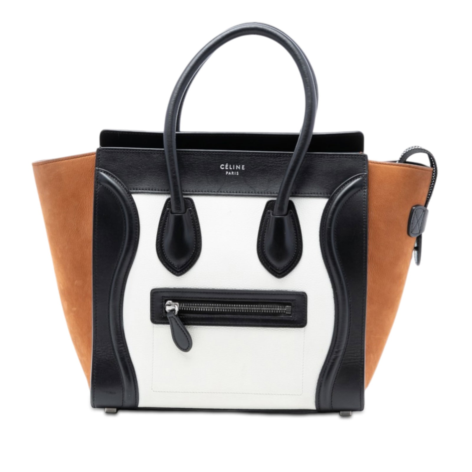 Celine Micro Luggage Tote in Tricolor Nubuck and Calfskin Leather: Celine Micro Luggage Tote in Tricolor Nubuck and Calfskin Leather This Celine Micro Tricolor Luggage Tote is crafted from nubuck and calfskin leather, featuring rolled leather handles, a top zip closu