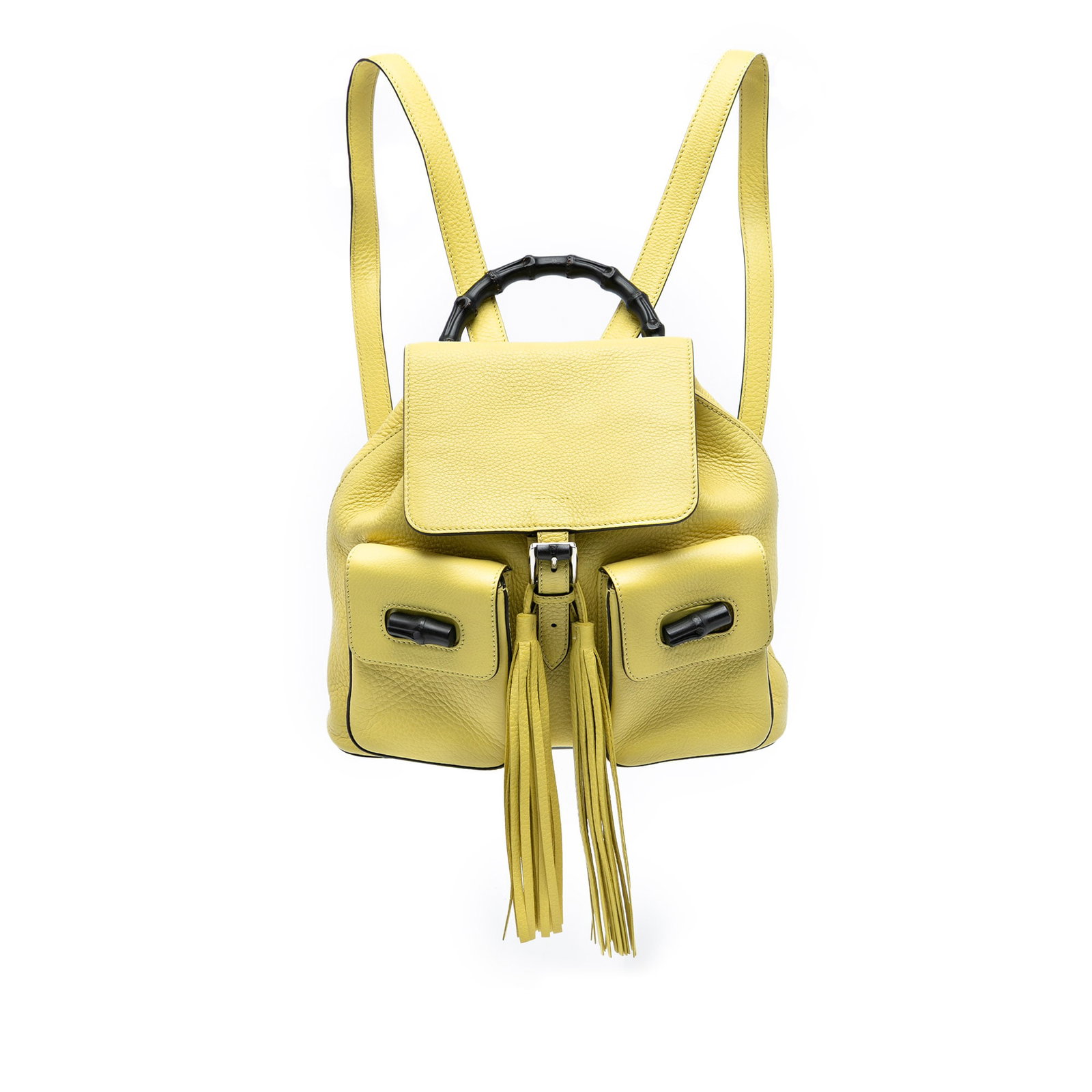 Yellow Leather Backpack with Bamboo Handle and Tassel by Gucci: Yellow Leather Backpack with Bamboo Handle and Tassel by Gucci This Gucci Leather Bamboo Tassel Backpack features a yellow leather body, a bamboo top handle, and adjustable flat leather back straps. I
