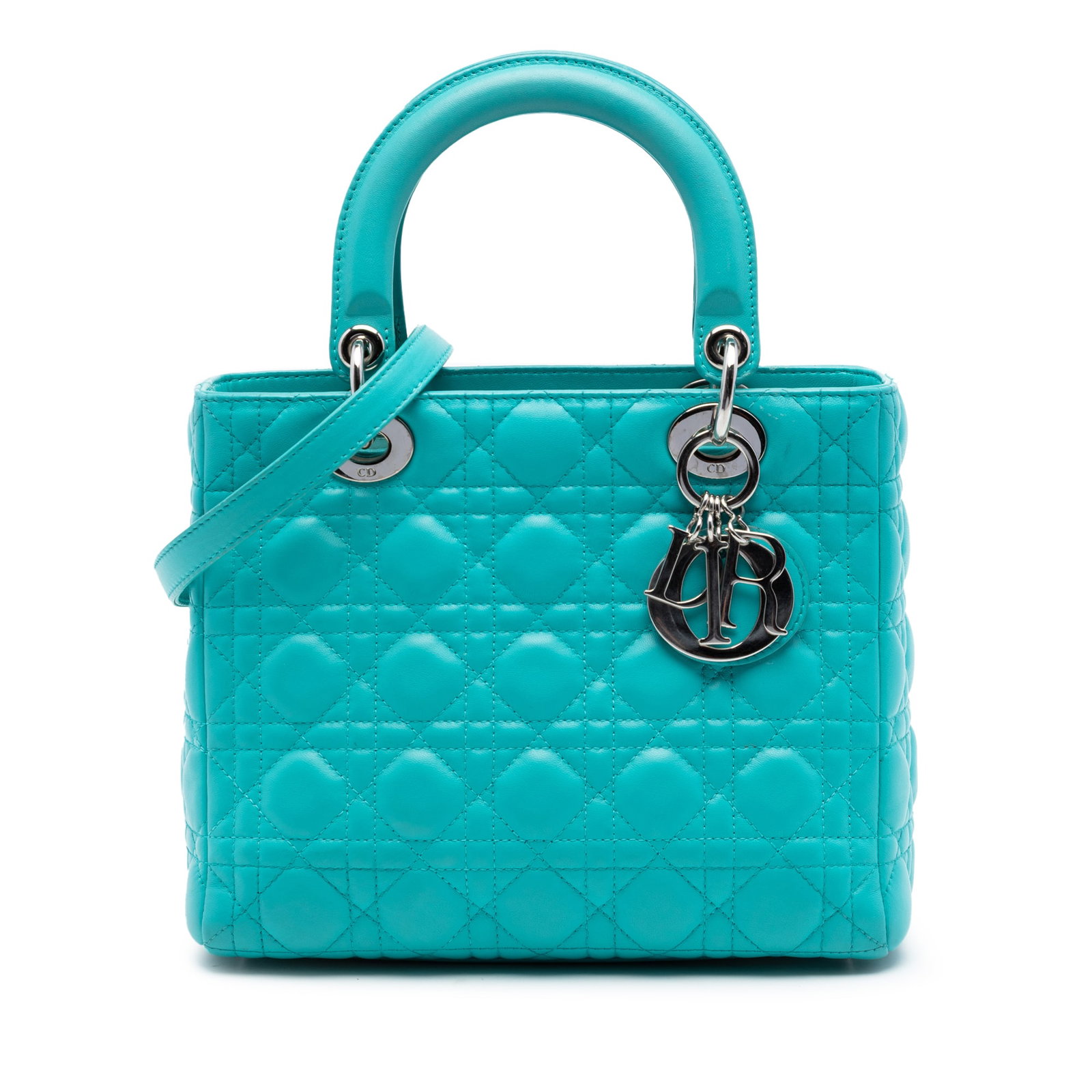 Dior Lady Cannage Medium Lambskin Blue Bag: Dior Lady Cannage Medium Lambskin Blue Bag This Medium Lambskin Cannage Lady Dior bag features a quilted lambskin leather exterior in blue, complemented by flat leather top handles and a detachable fl